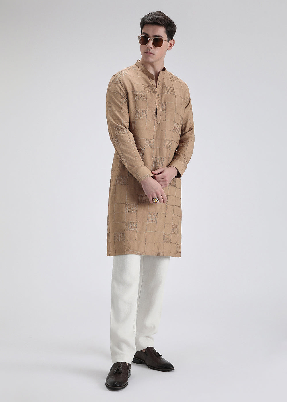 Brown Self Embroidered Kurta