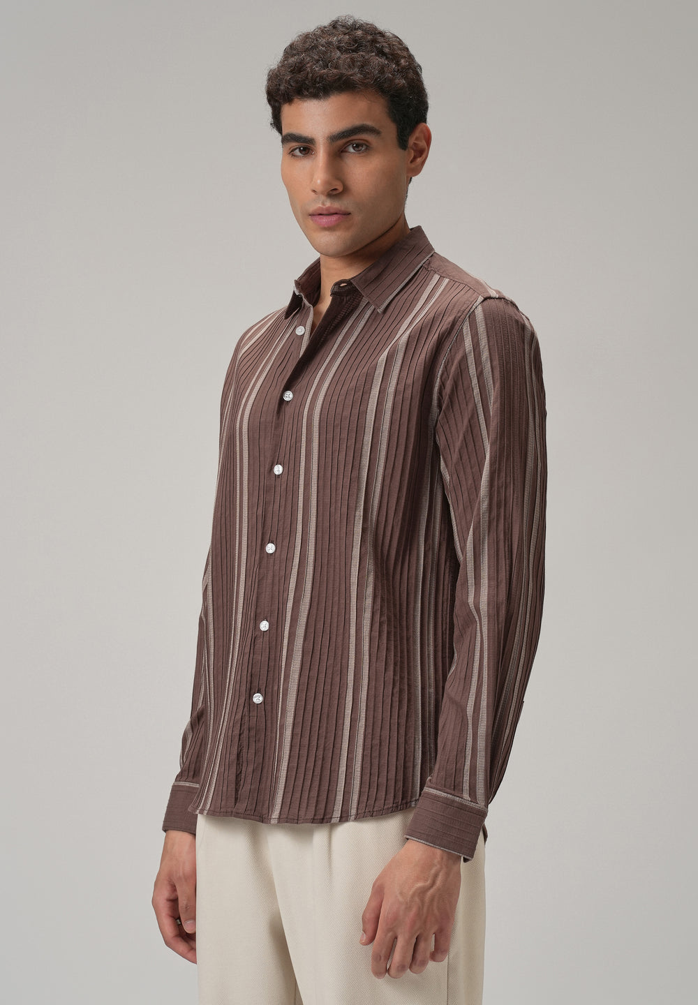 Self Pleat Brown Stripe Shirt