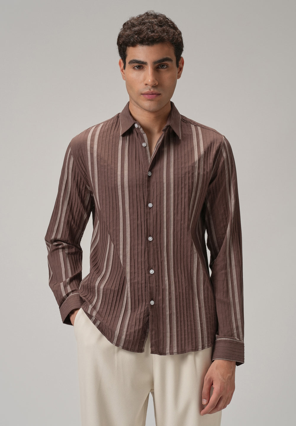 Self Pleat Brown Stripe Shirt