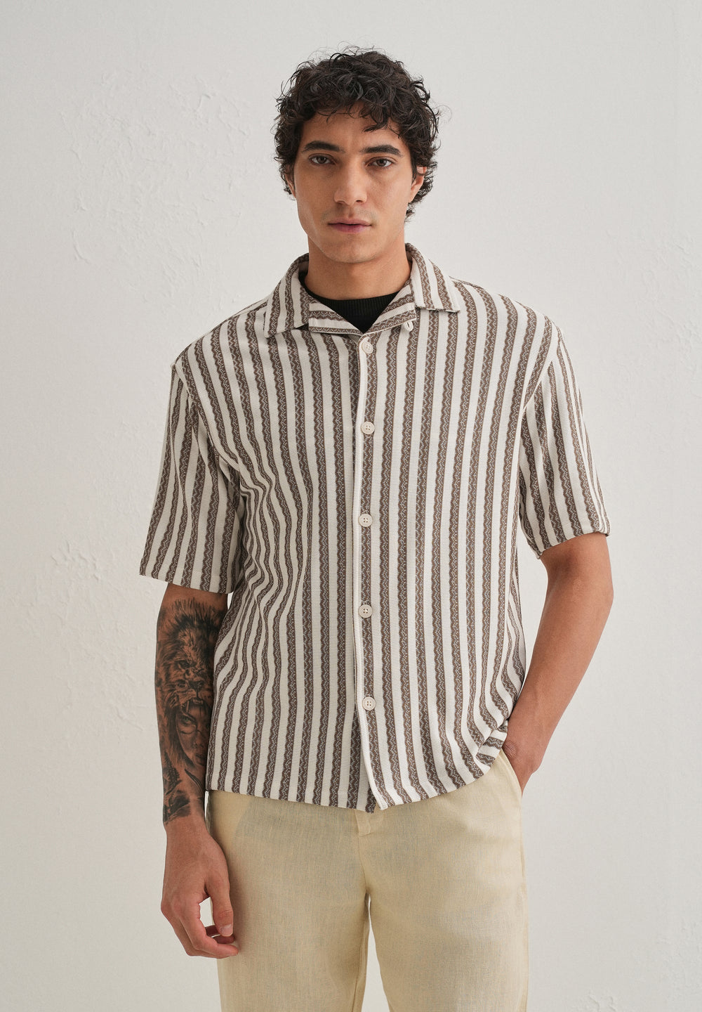 Brown Striped Knit Cuban Collar Shirt