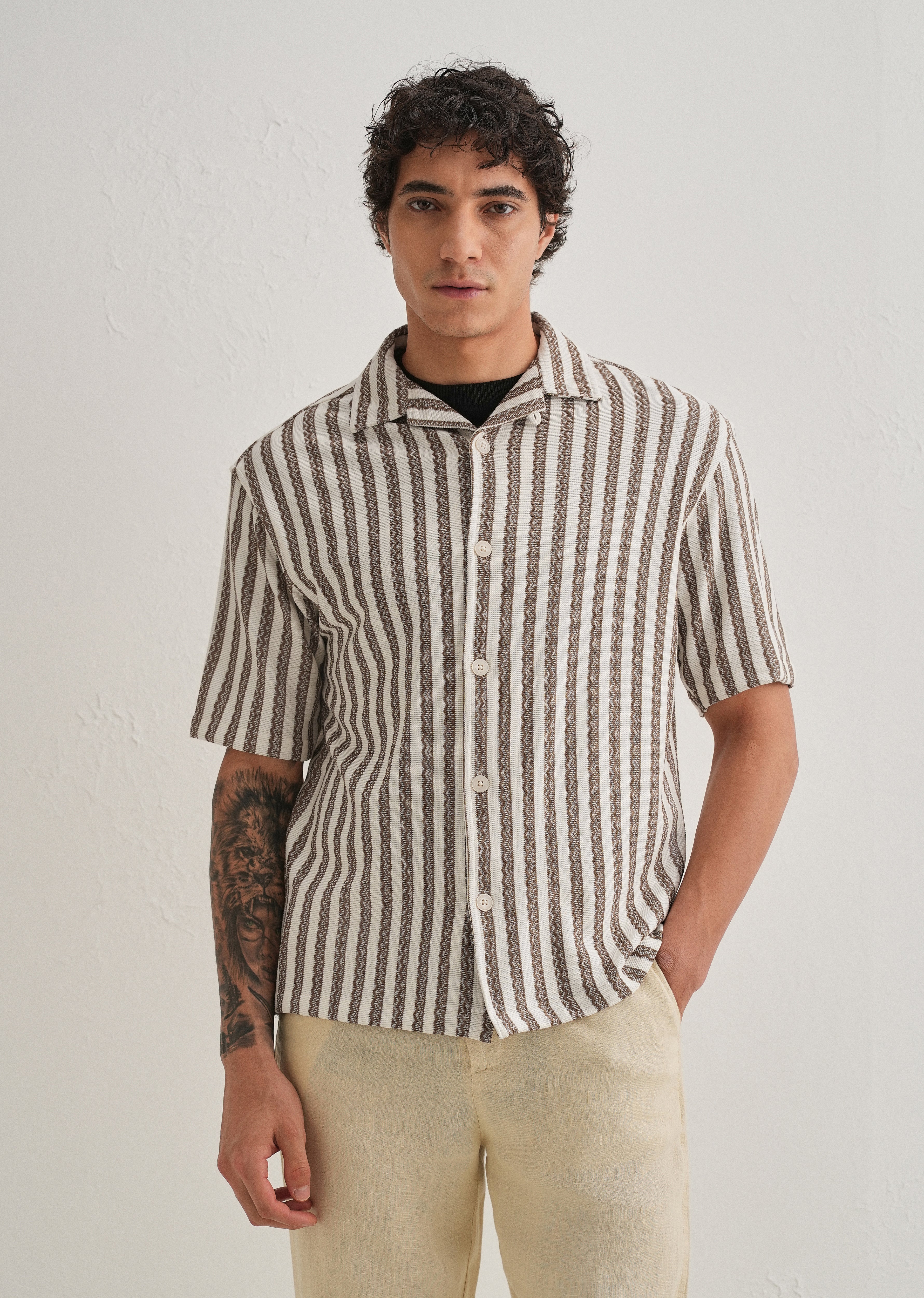 Brown Striped Knit Cuban Collar Shirt