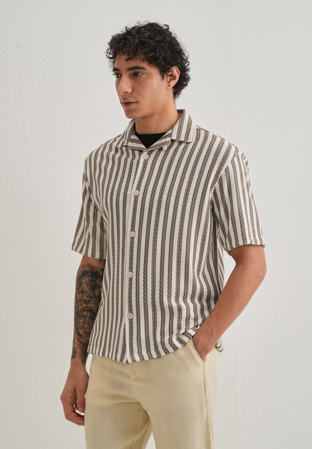 Brown Striped Knit Cuban Collar Shirt