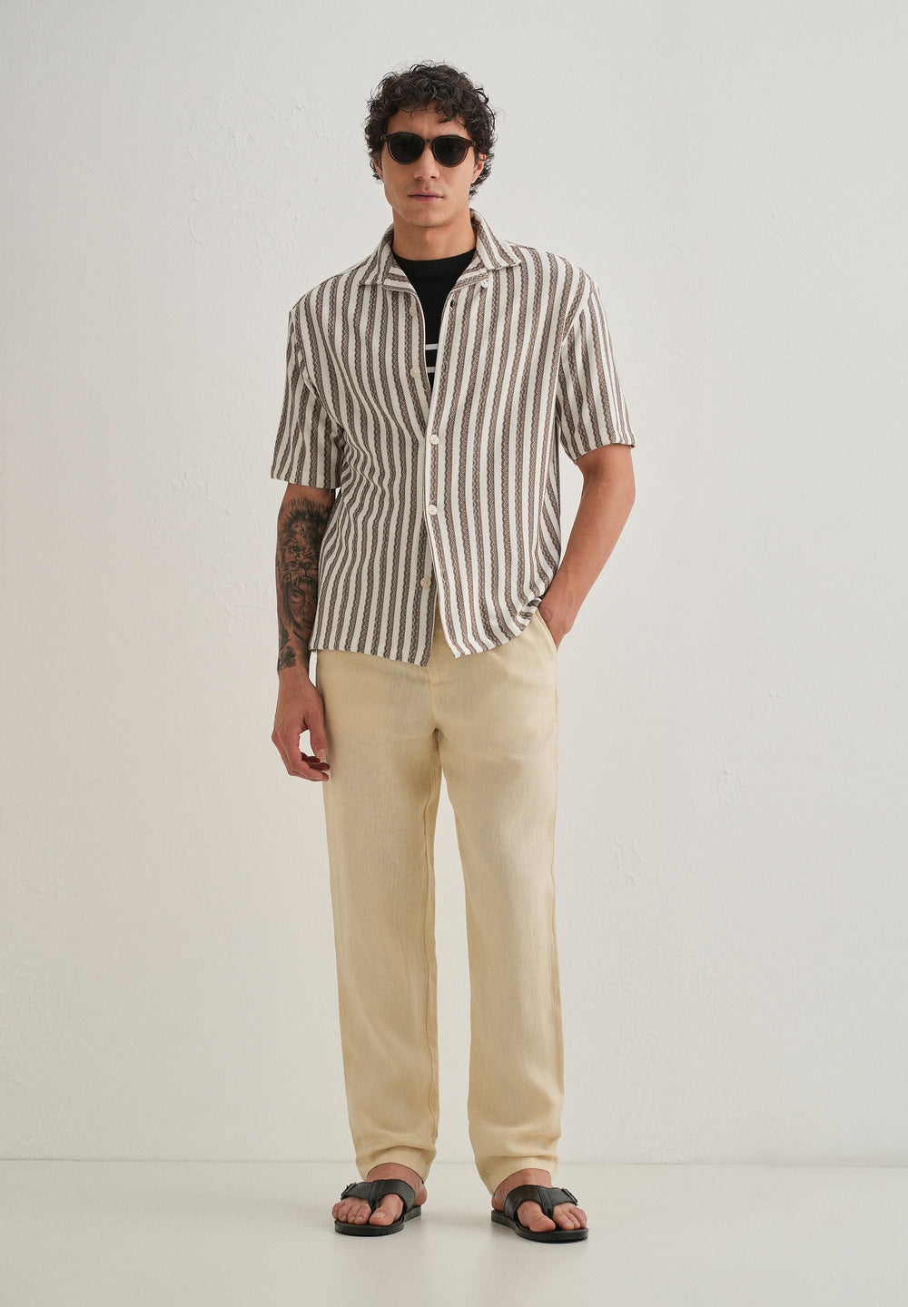 Brown Striped Knit Cuban Collar Shirt