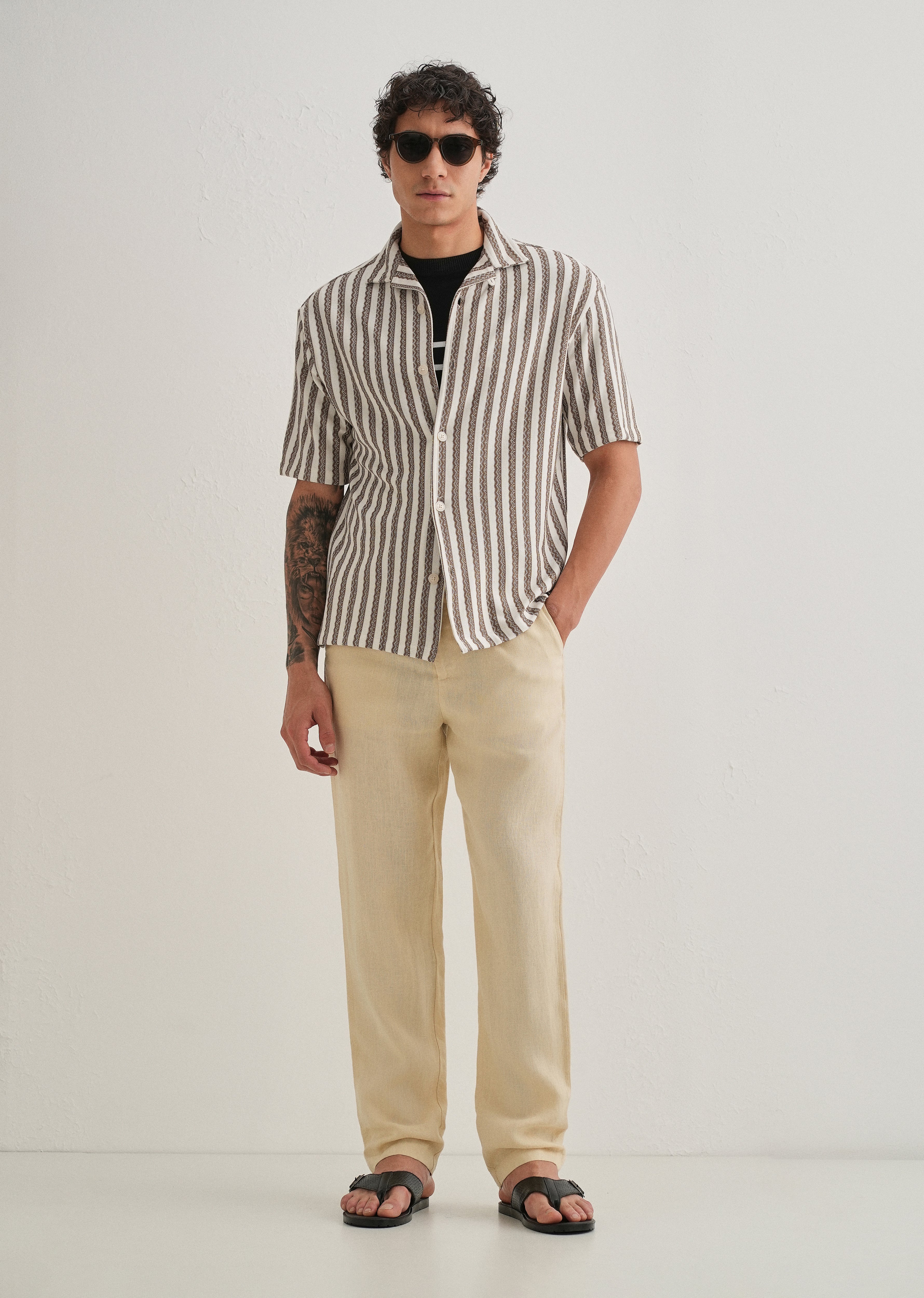 Brown Striped Knit Cuban Collar Shirt