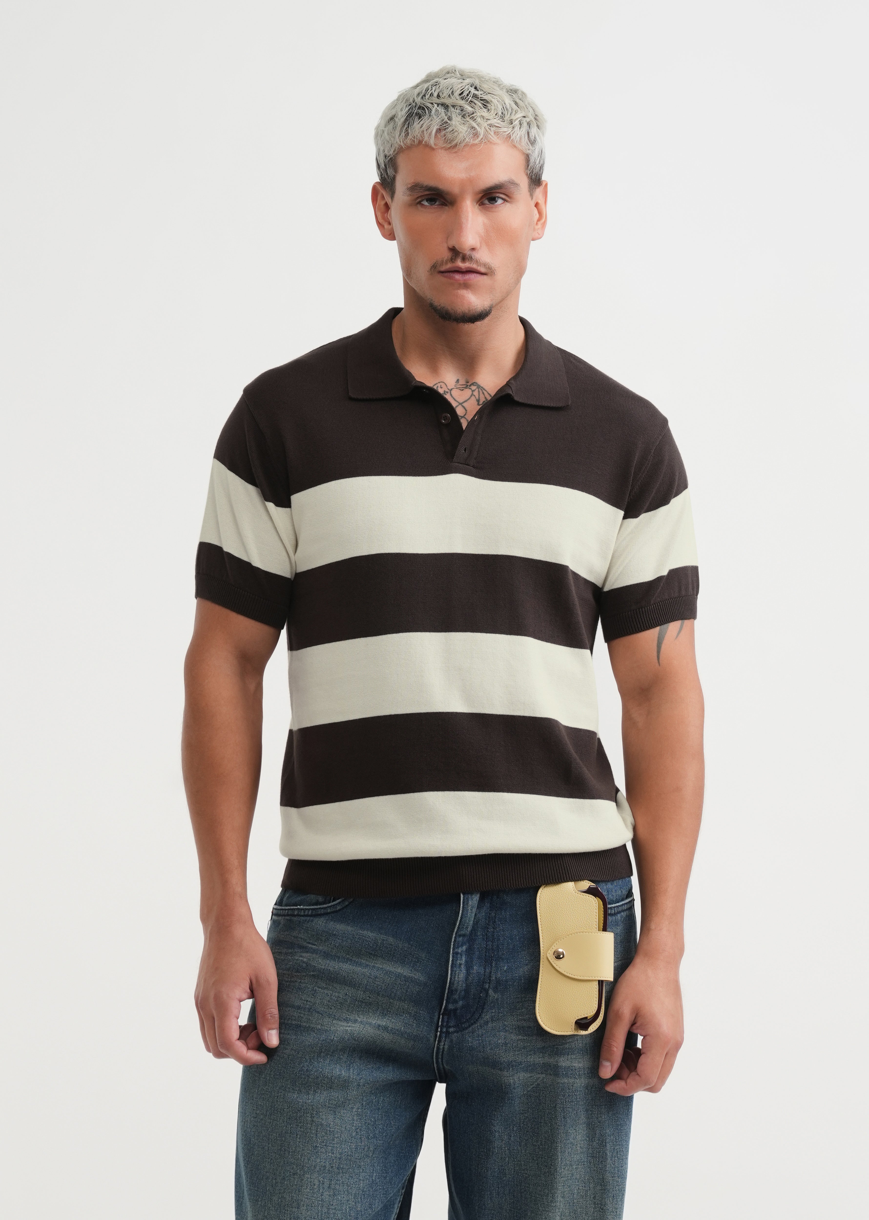 Brown Striped Knitted Polo