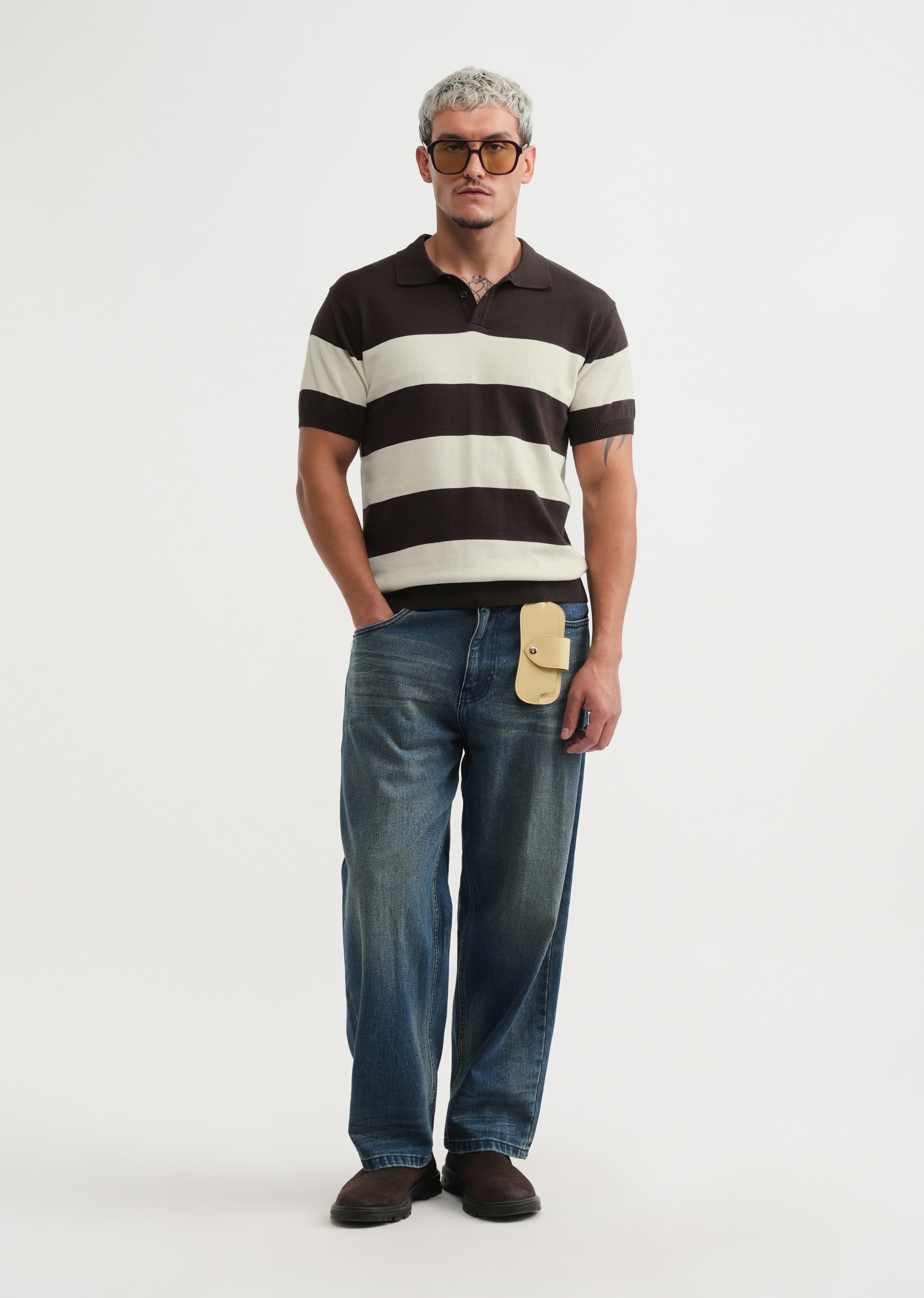 Brown Striped Knitted Polo