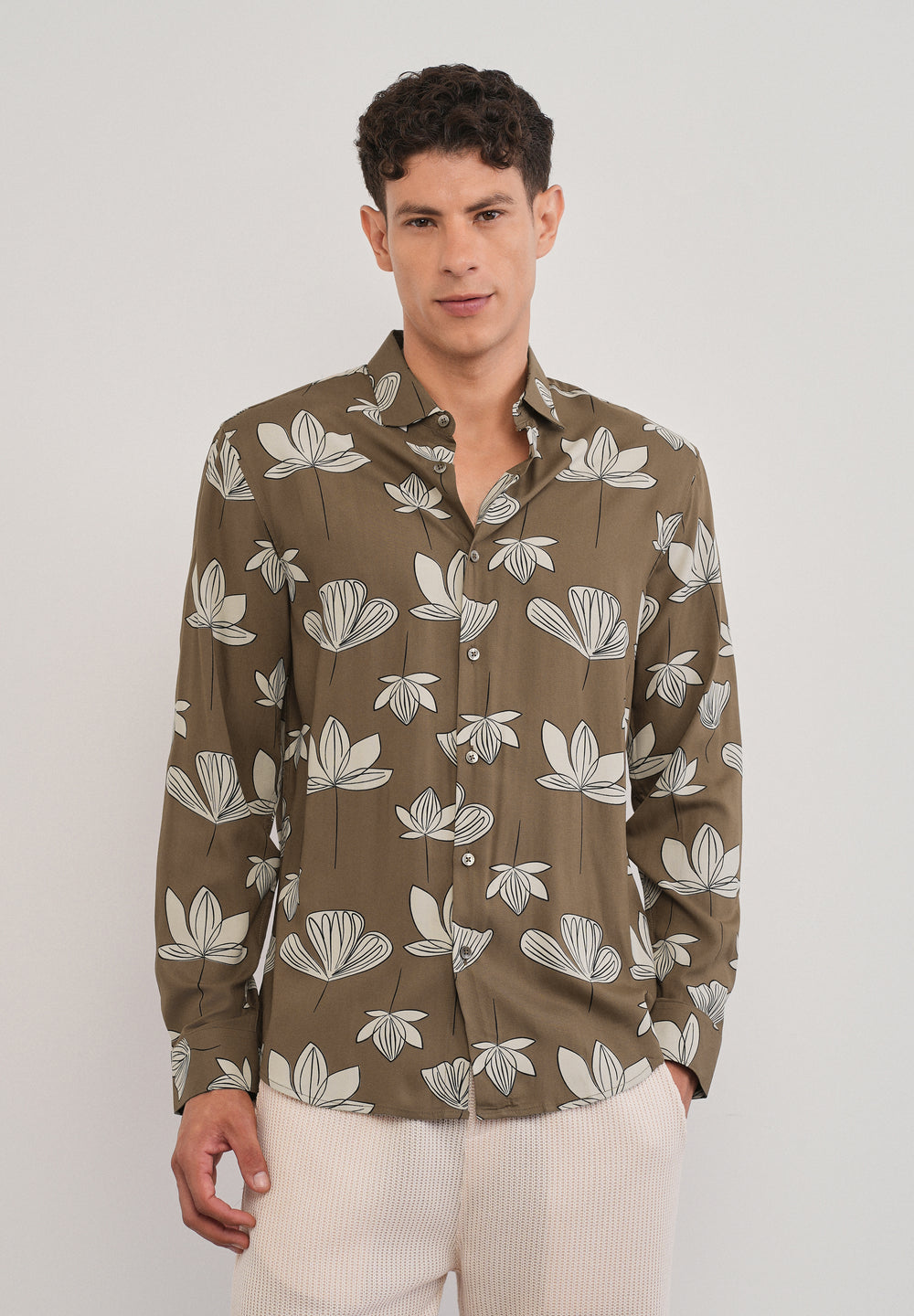 Brown Stylized Floral Print Shirt