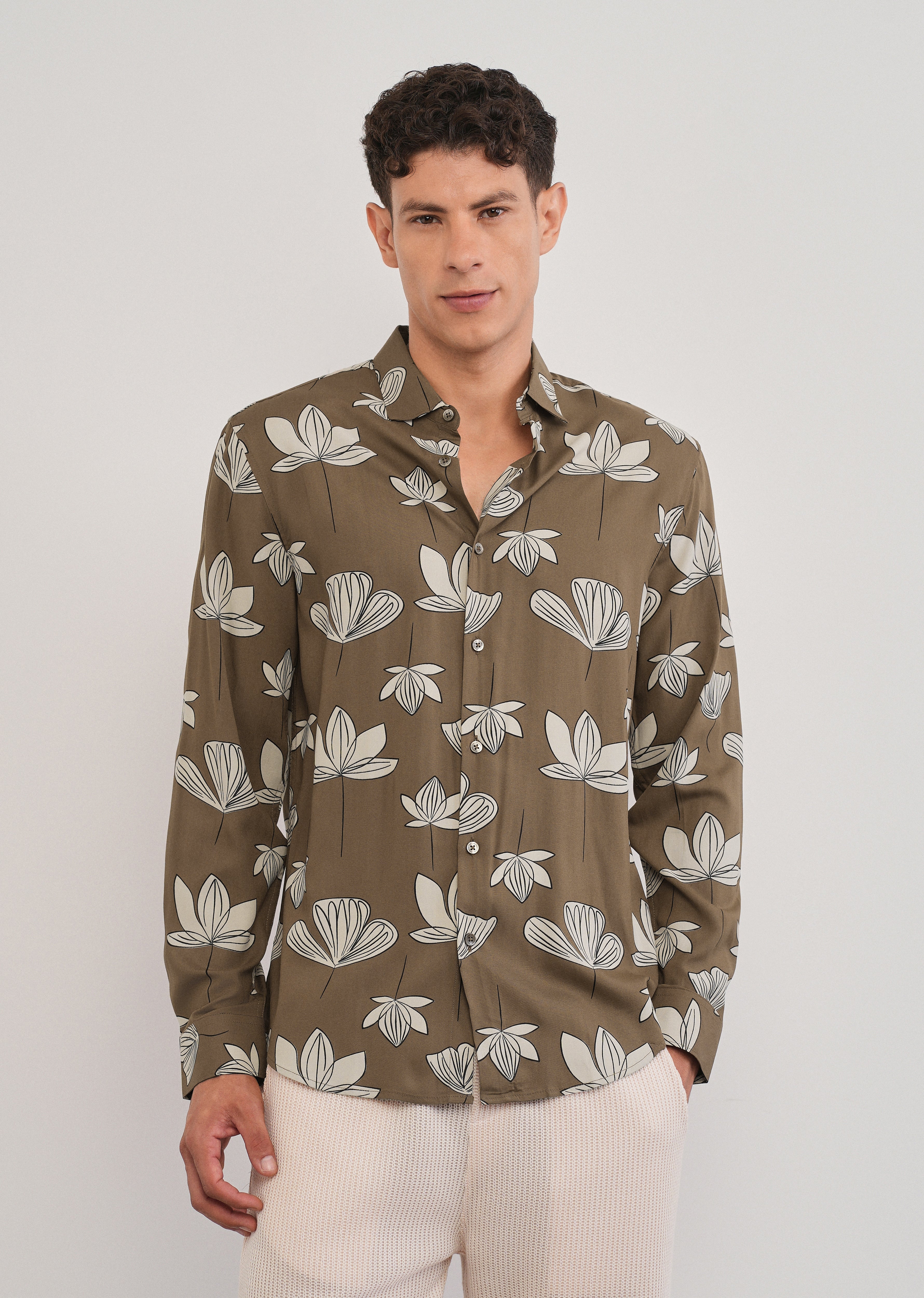 Brown Stylized Floral Print Shirt