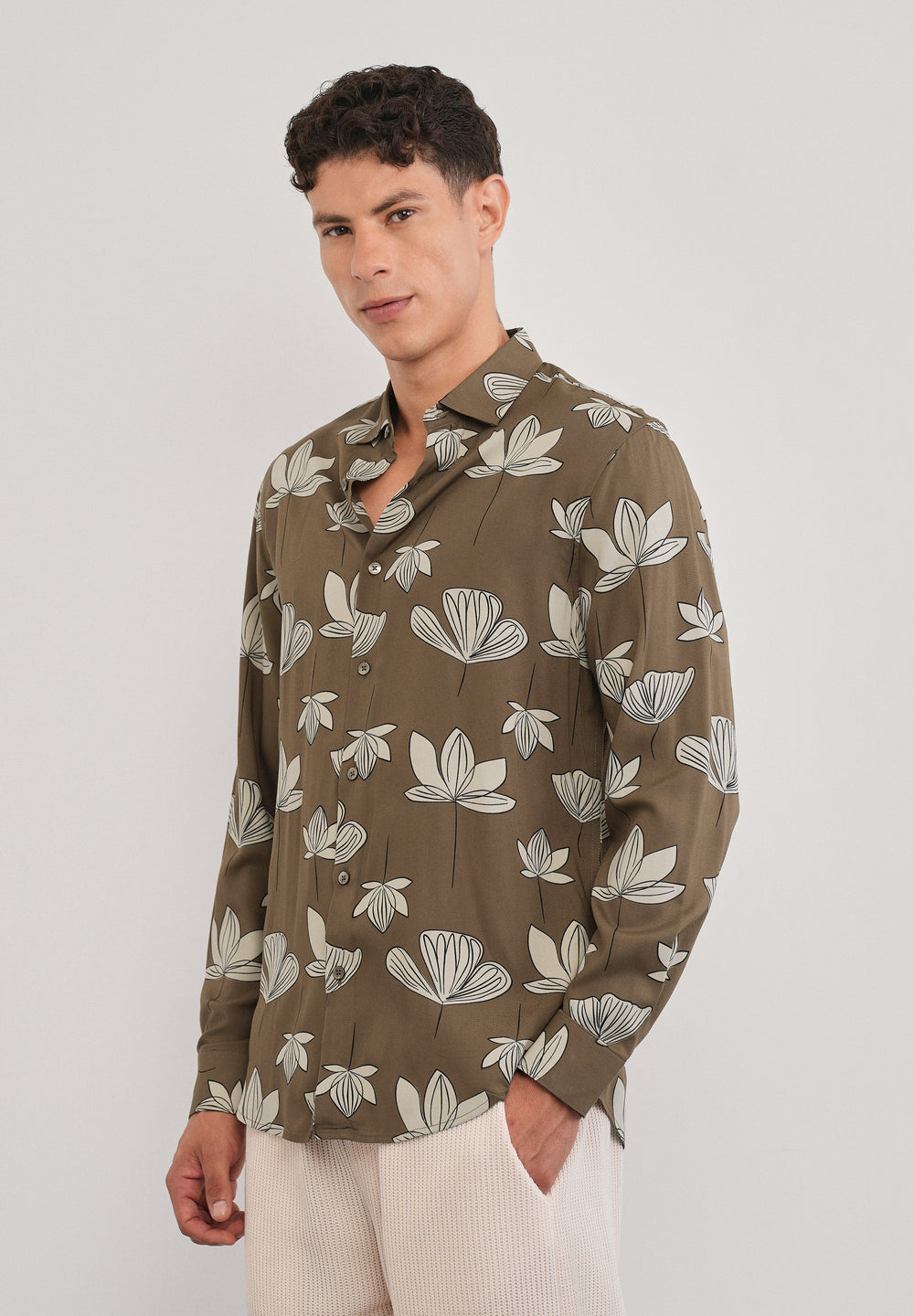 Brown Stylized Floral Print Shirt