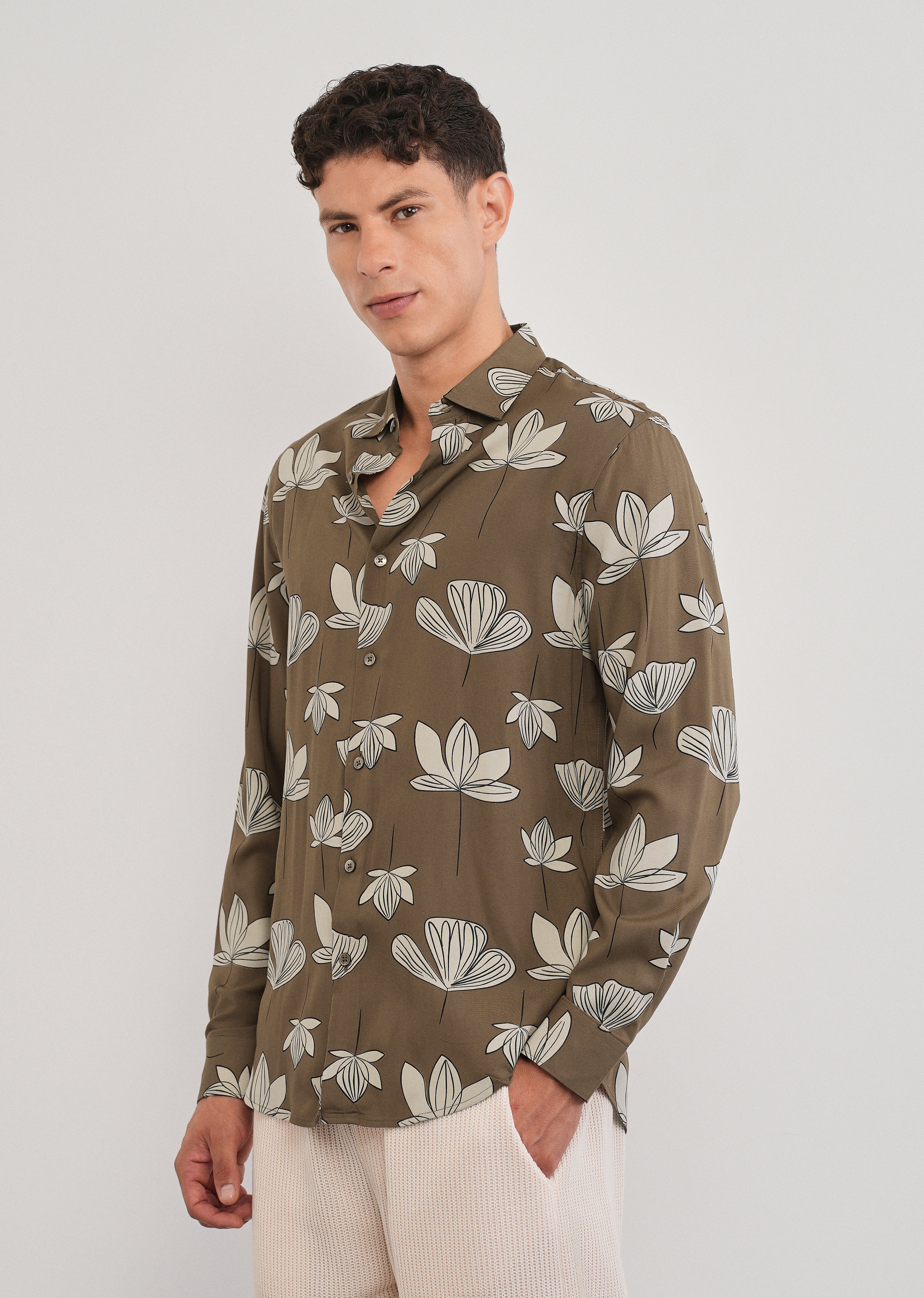 Brown Stylized Floral Print Shirt