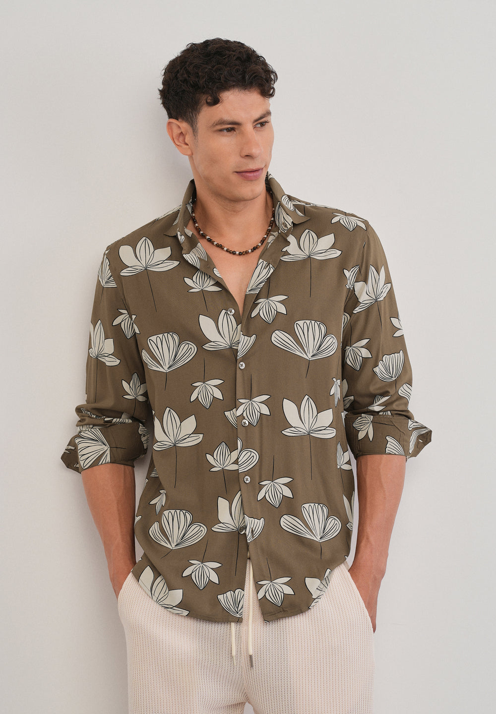 Brown Stylized Floral Print Shirt