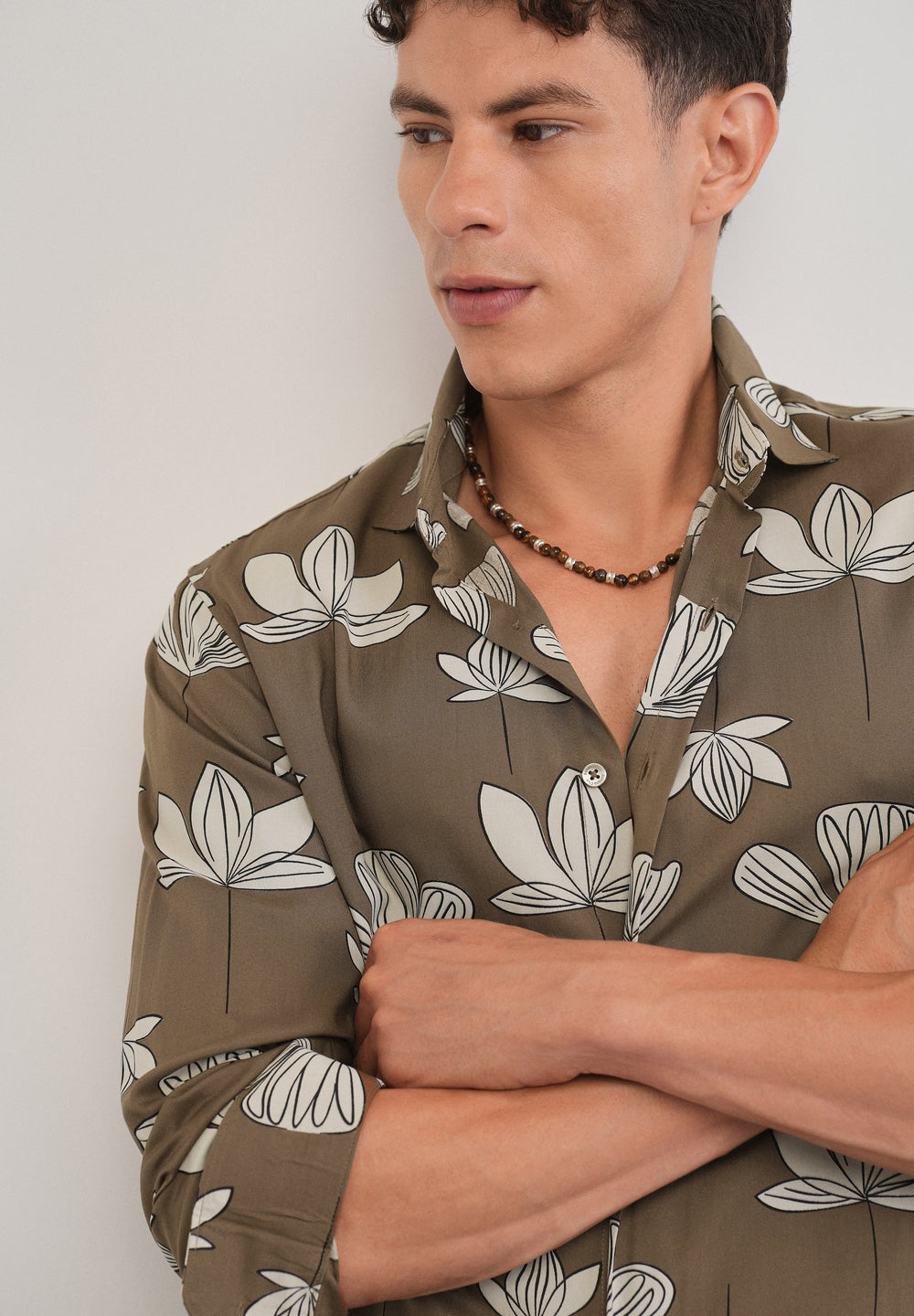 Brown Stylized Floral Print Shirt