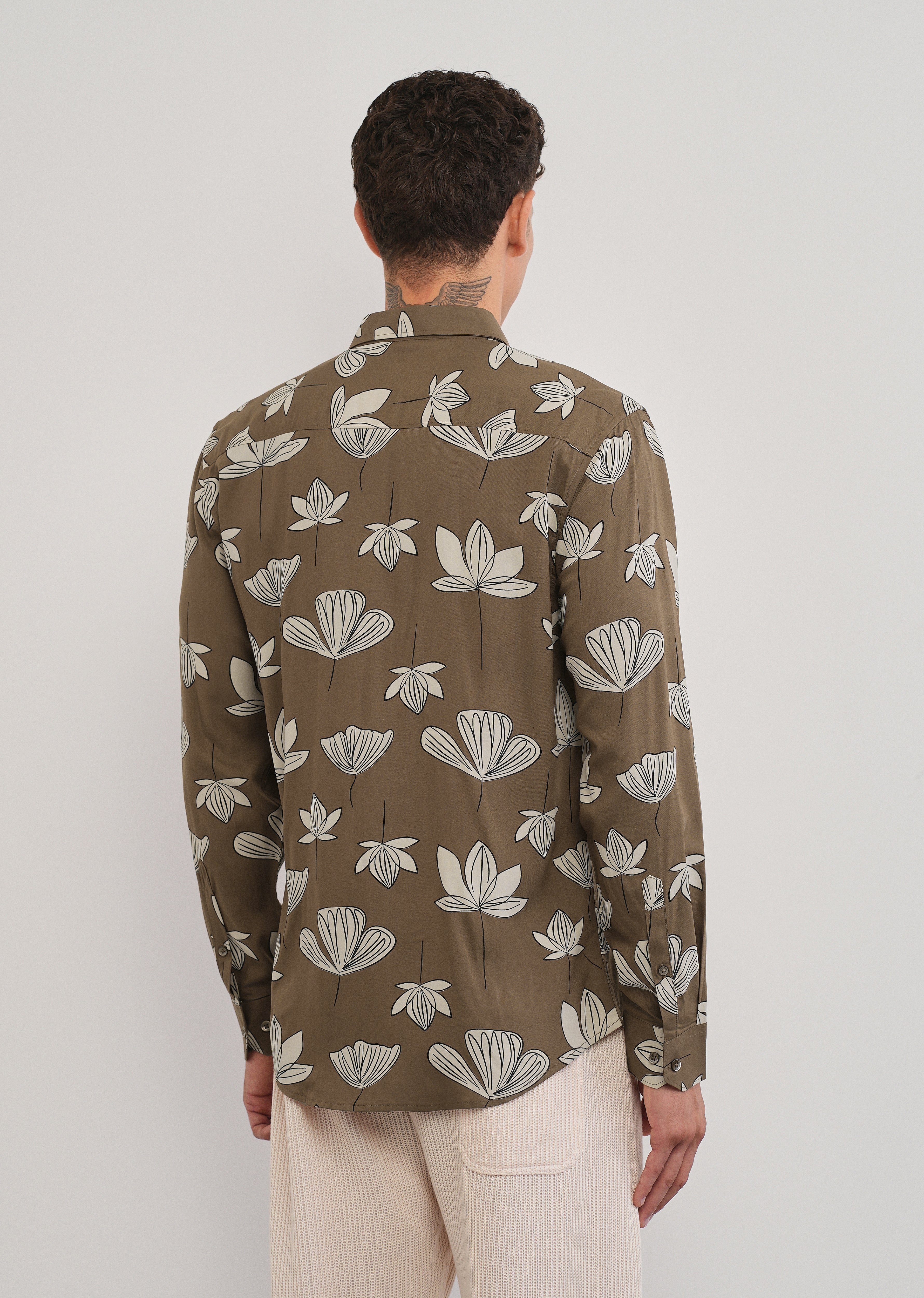 Brown Stylized Floral Print Shirt