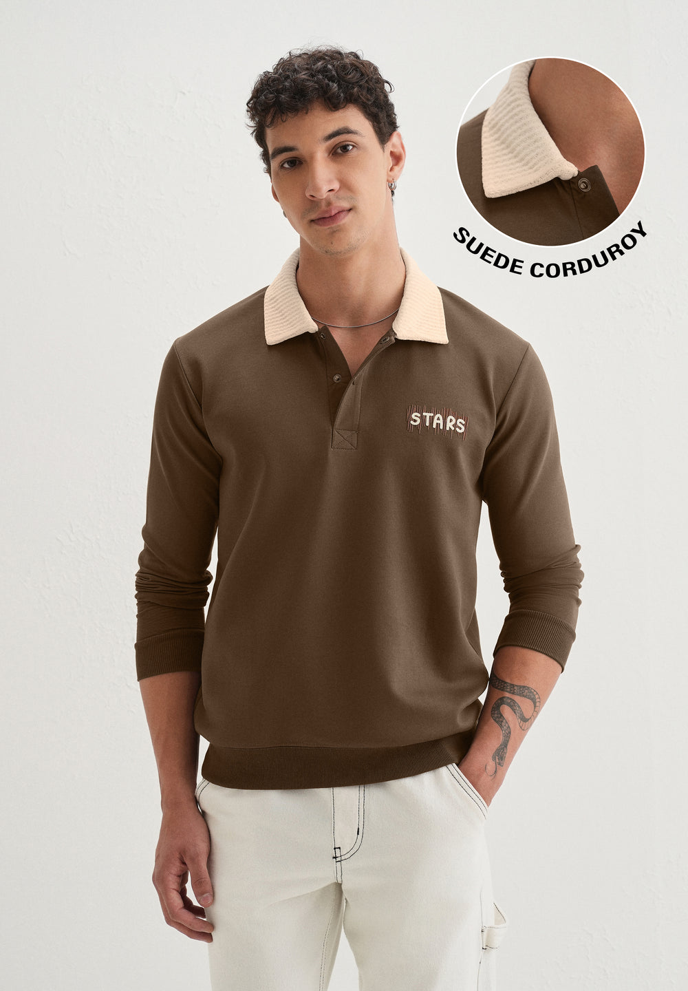 Brown Suede Collared Polo Sweatshirt