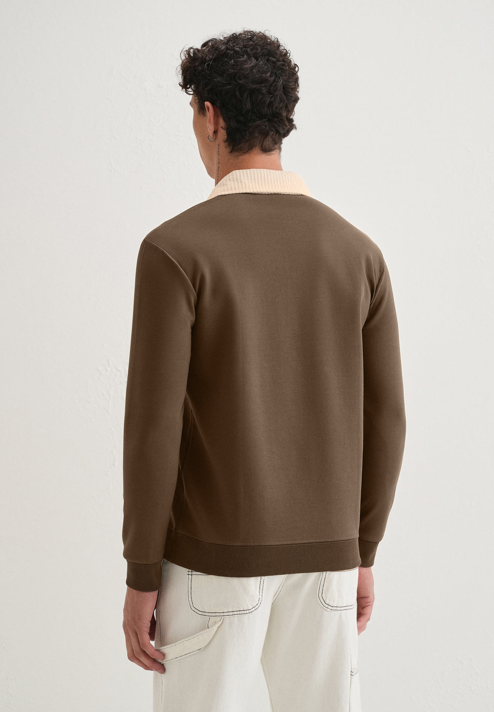 Brown Suede Collared Polo Sweatshirt