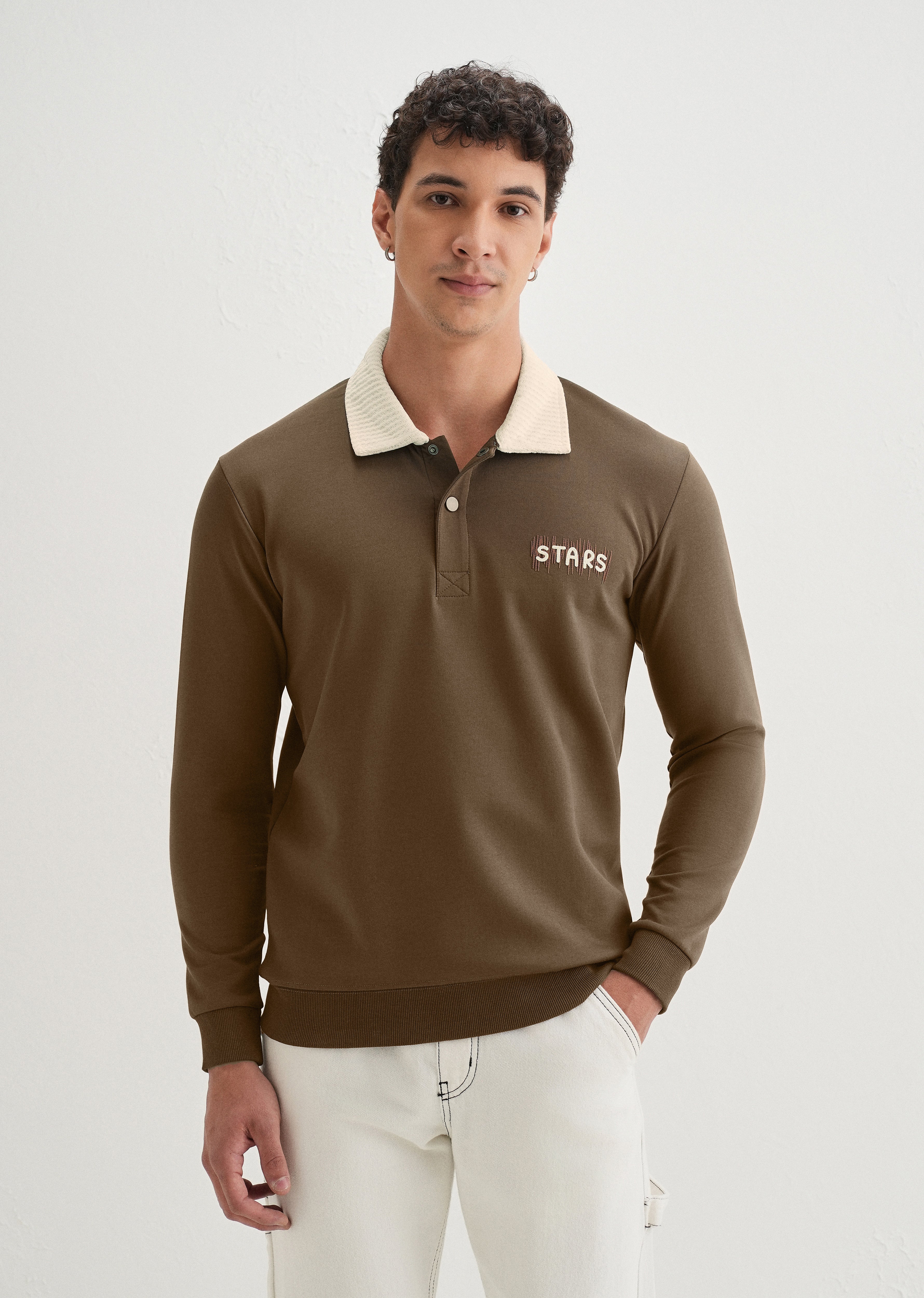 Brown Suede Collared Polo Sweatshirt