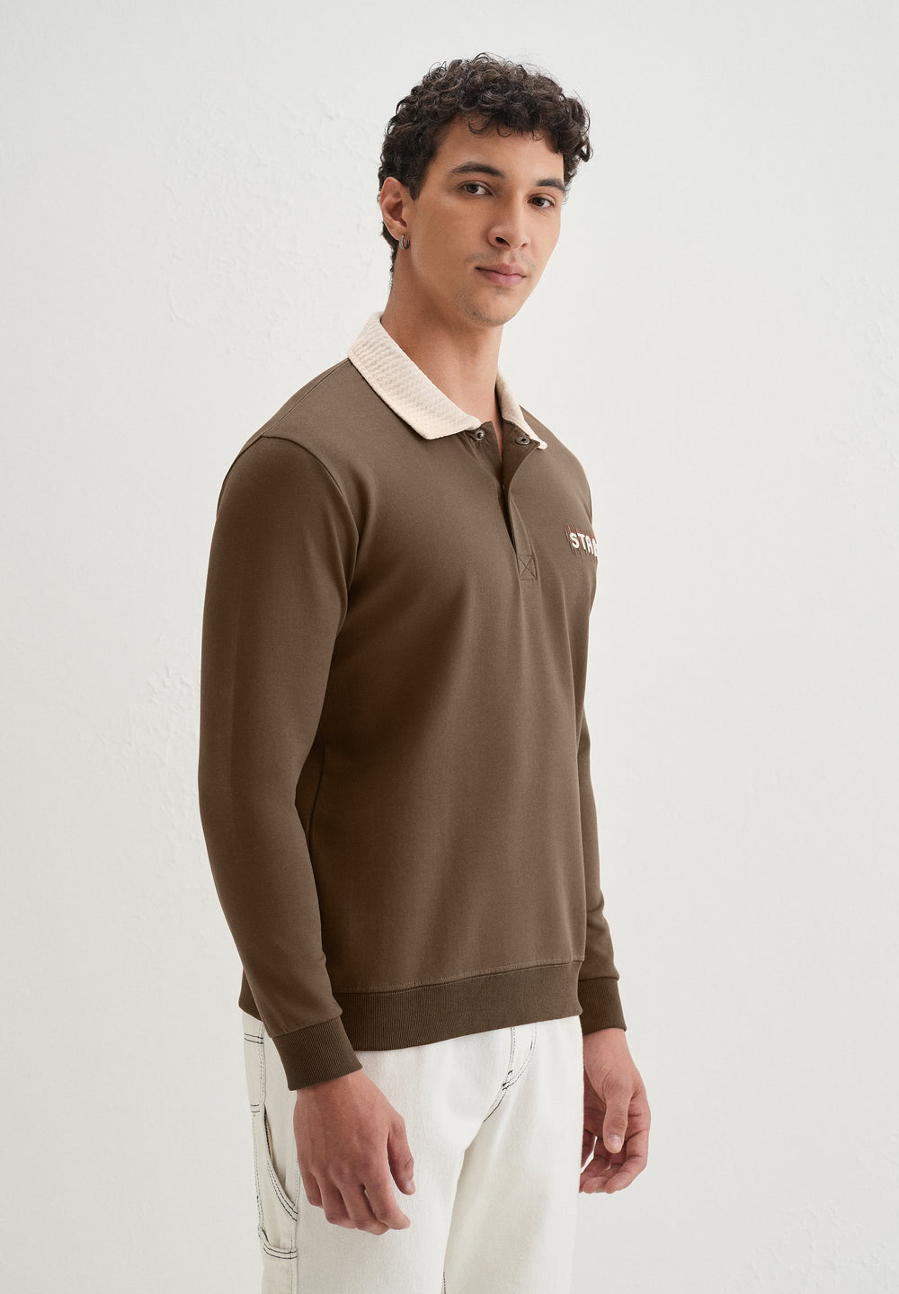 Brown Suede Collared Polo Sweatshirt