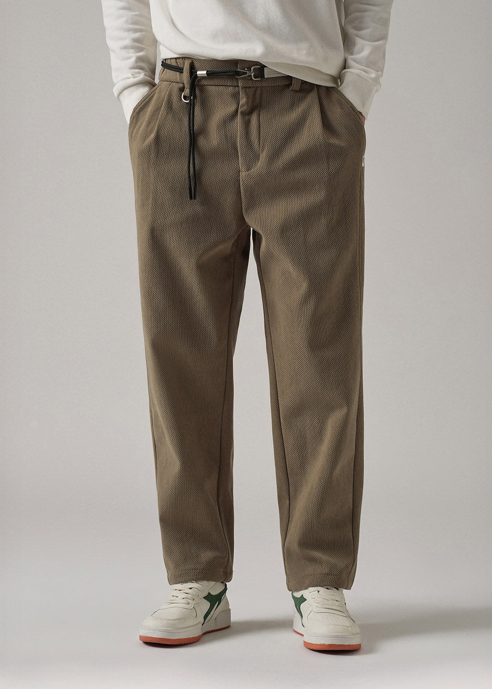 Brown Textured Corduroy Belt Pant