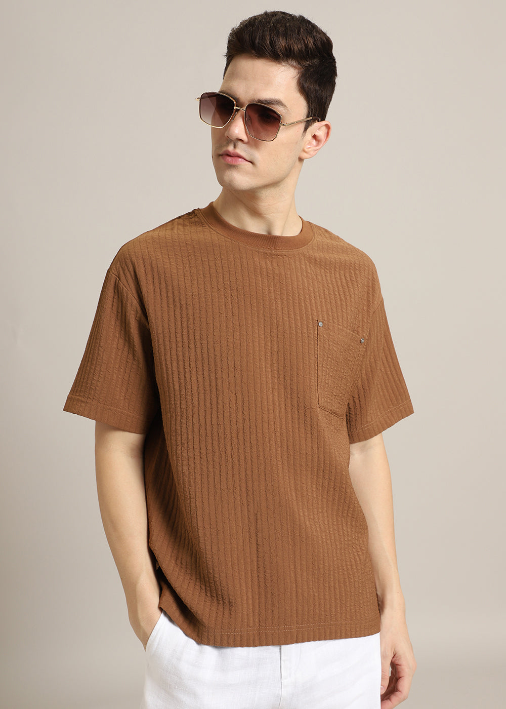 Brown Textured Oversized T-shirt