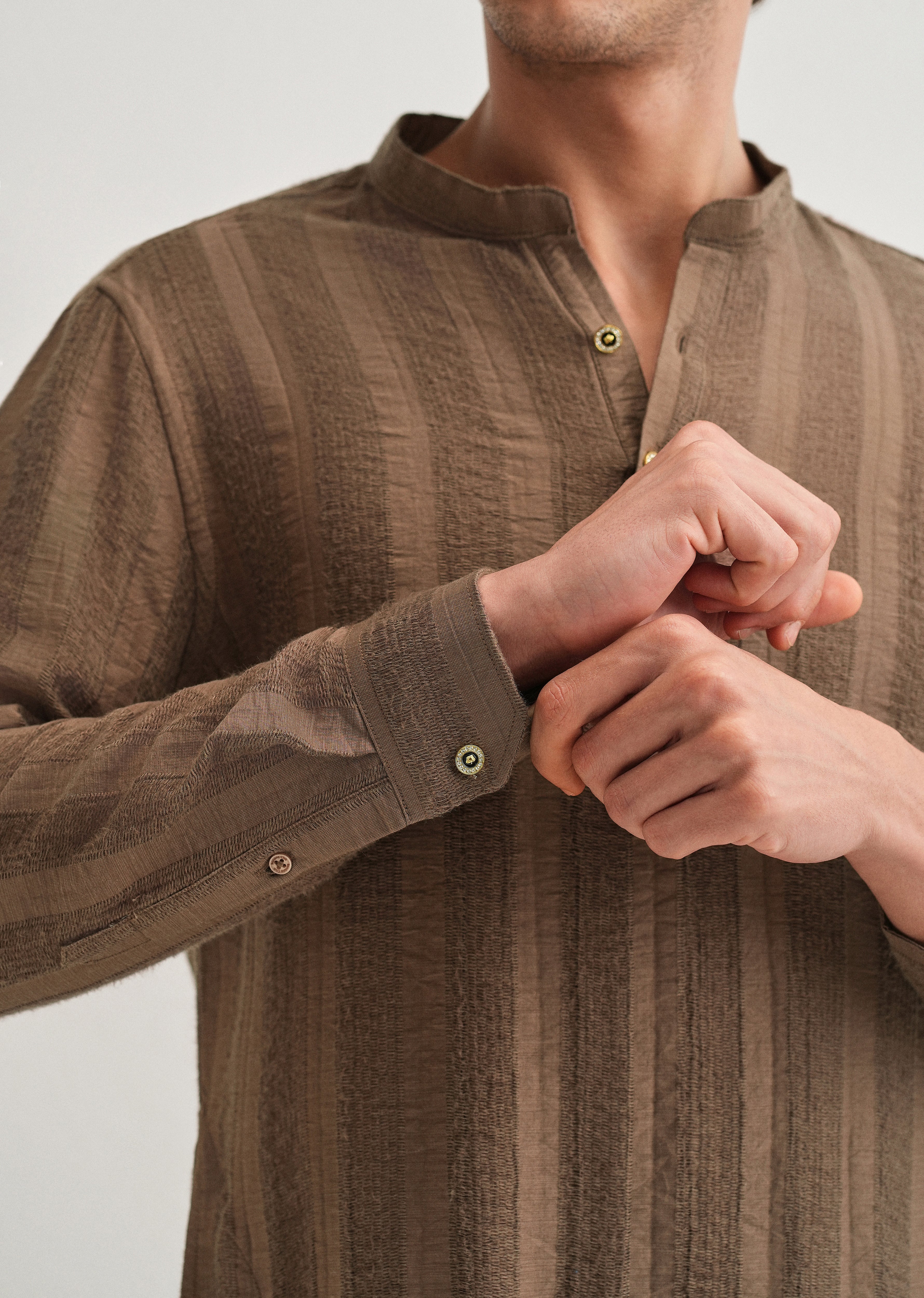 Brown Textured Vertical Stripe Kurta