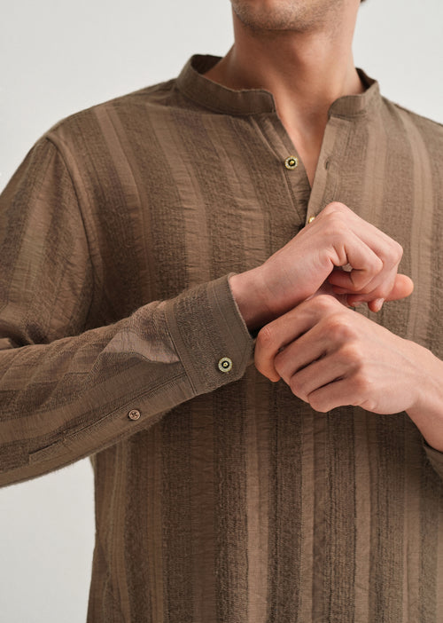 Brown Textured Vertical Stripe Kurta
