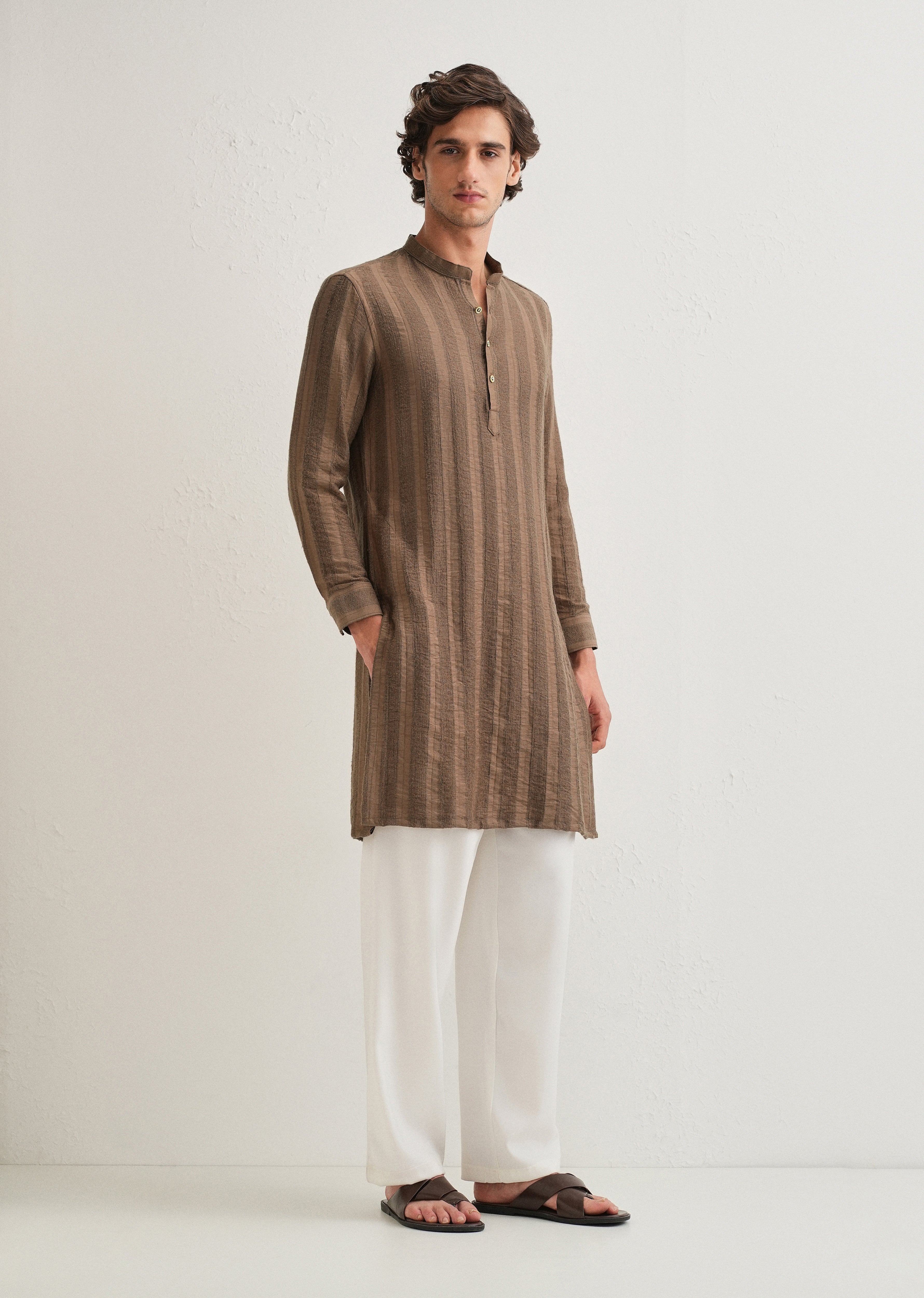 Brown Textured Vertical Stripe Kurta