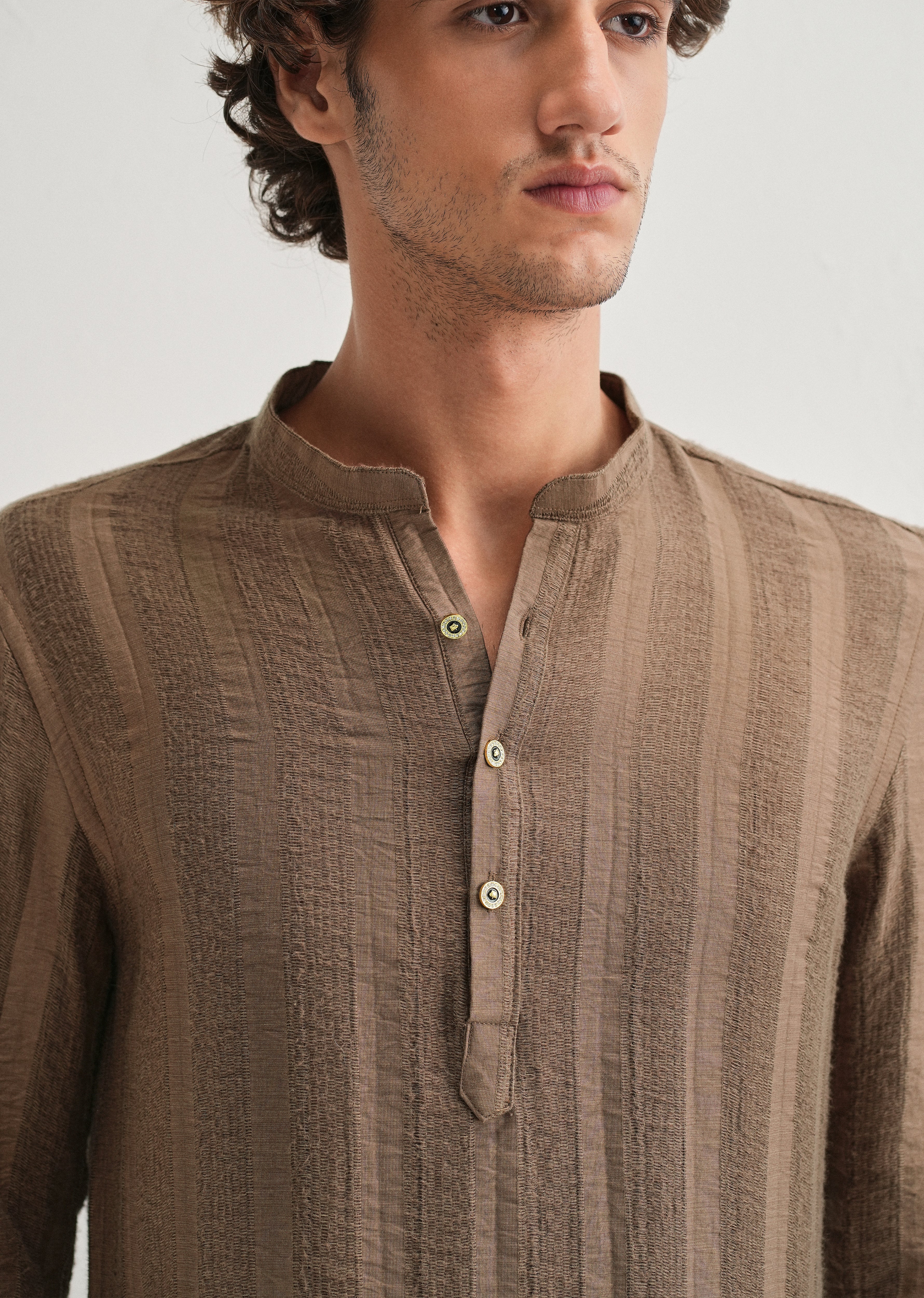 Brown Textured Vertical Stripe Kurta