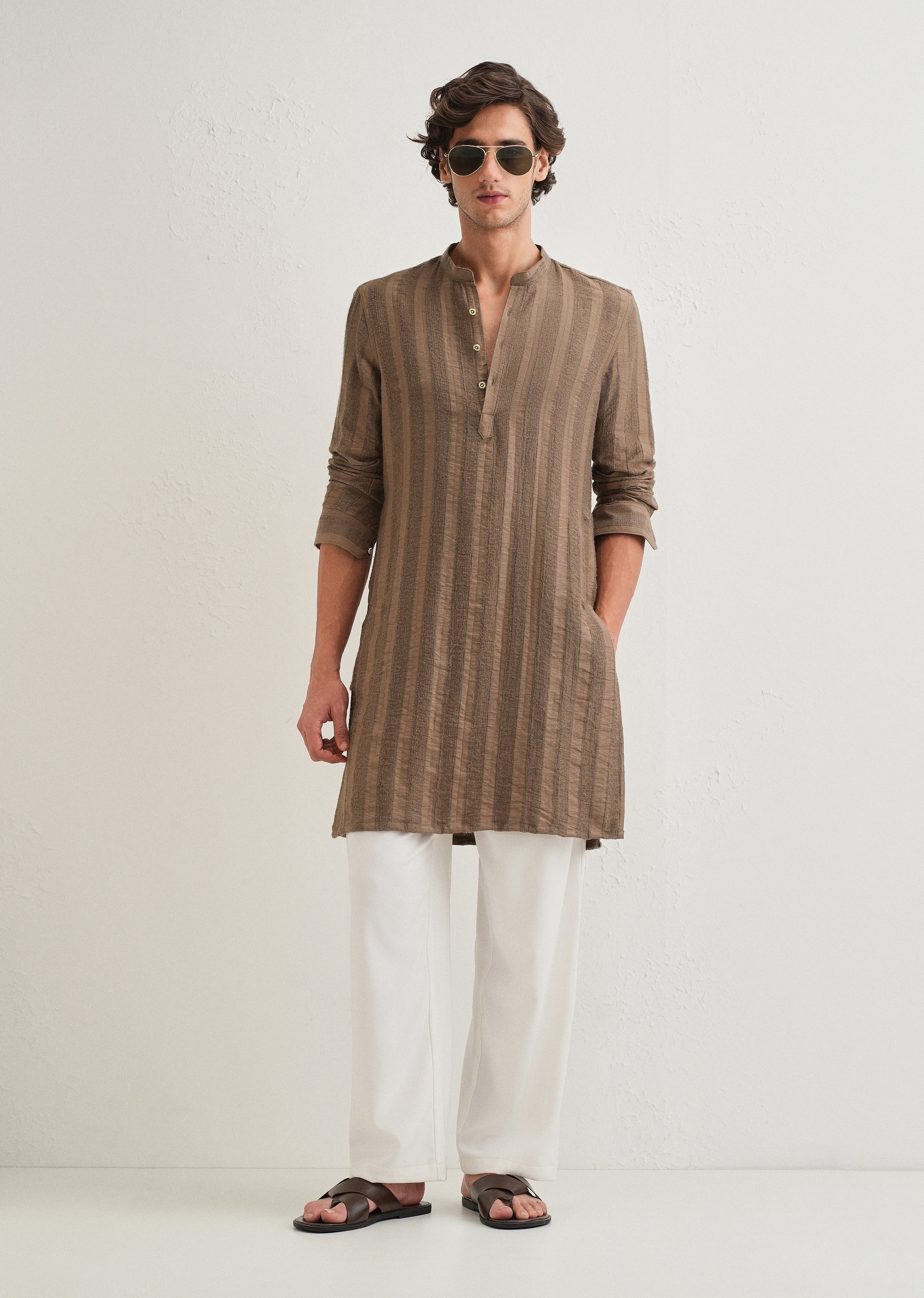 Brown Textured Vertical Stripe Kurta