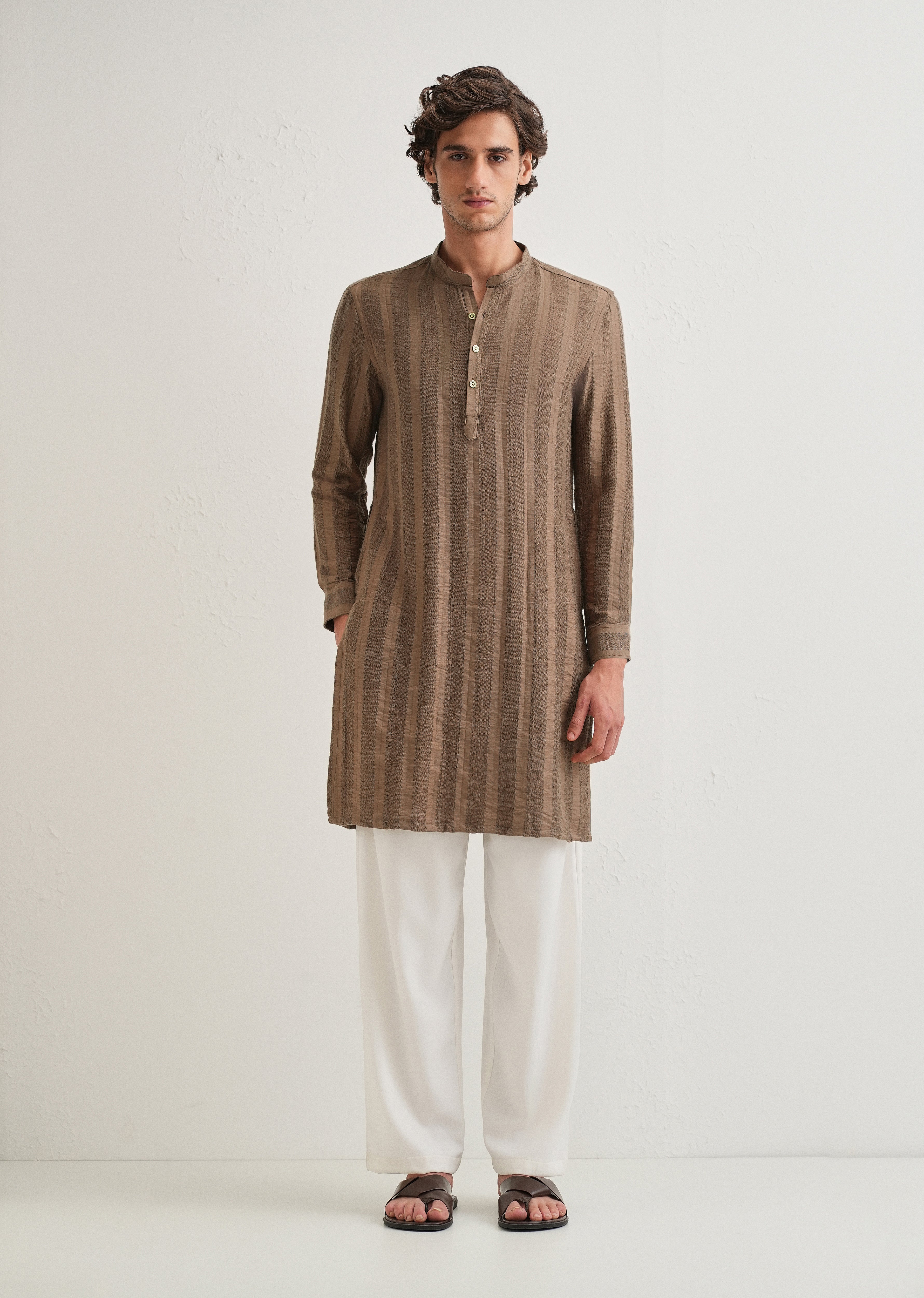 Brown Textured Vertical Stripe Kurta
