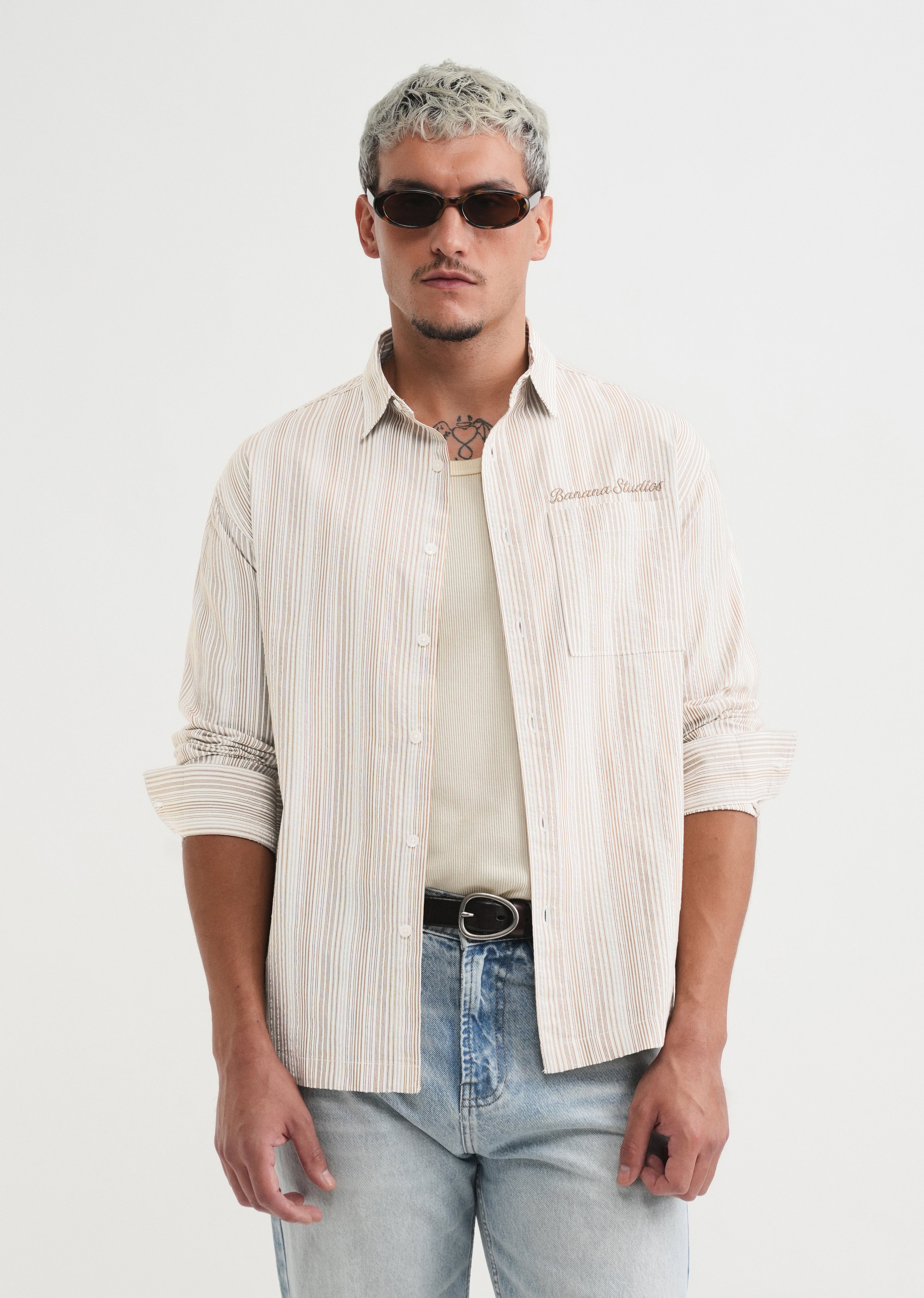Brown Textured Vertical Stripe Shirt