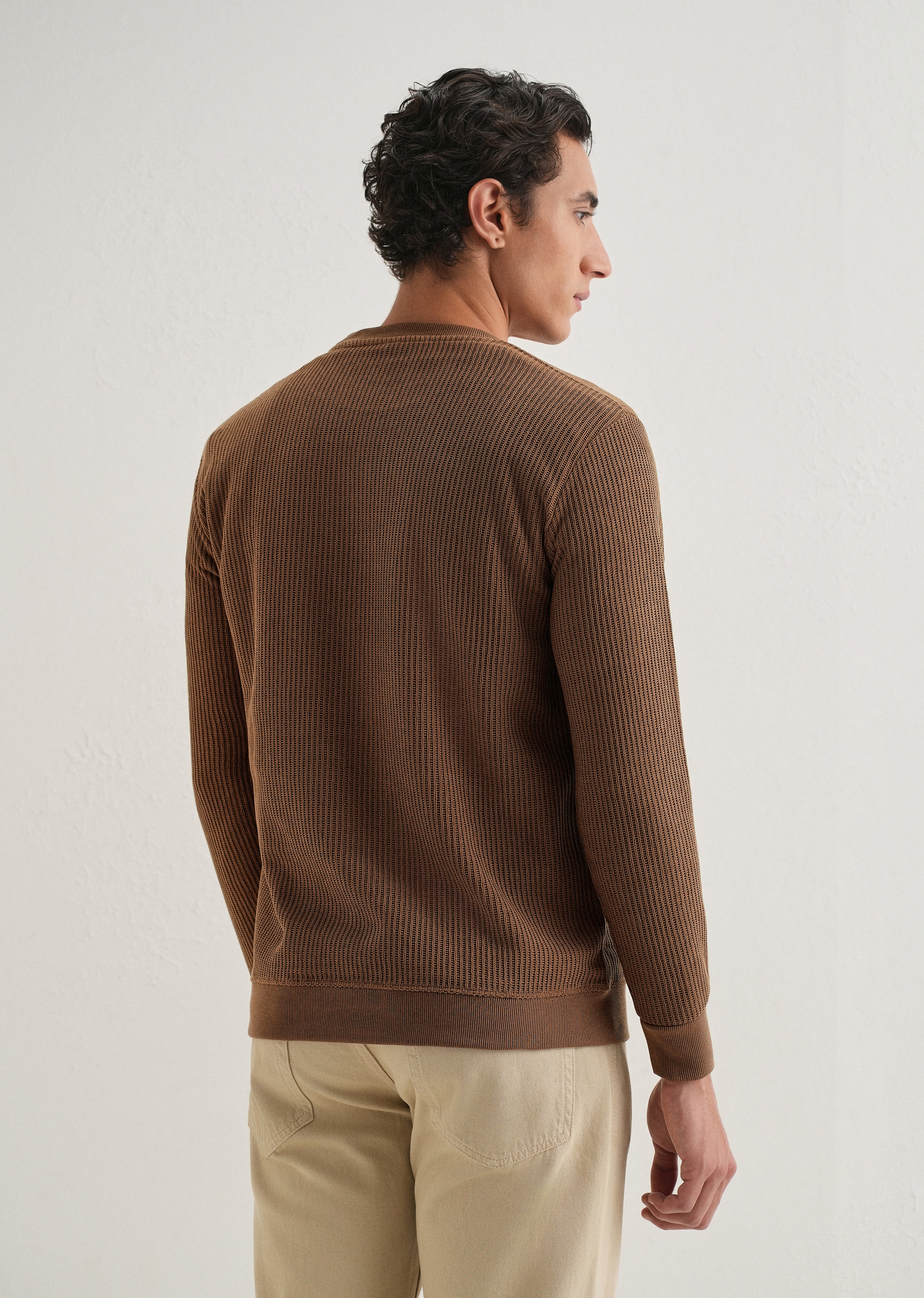 Brown Waffle Knit Embroidered Pullover