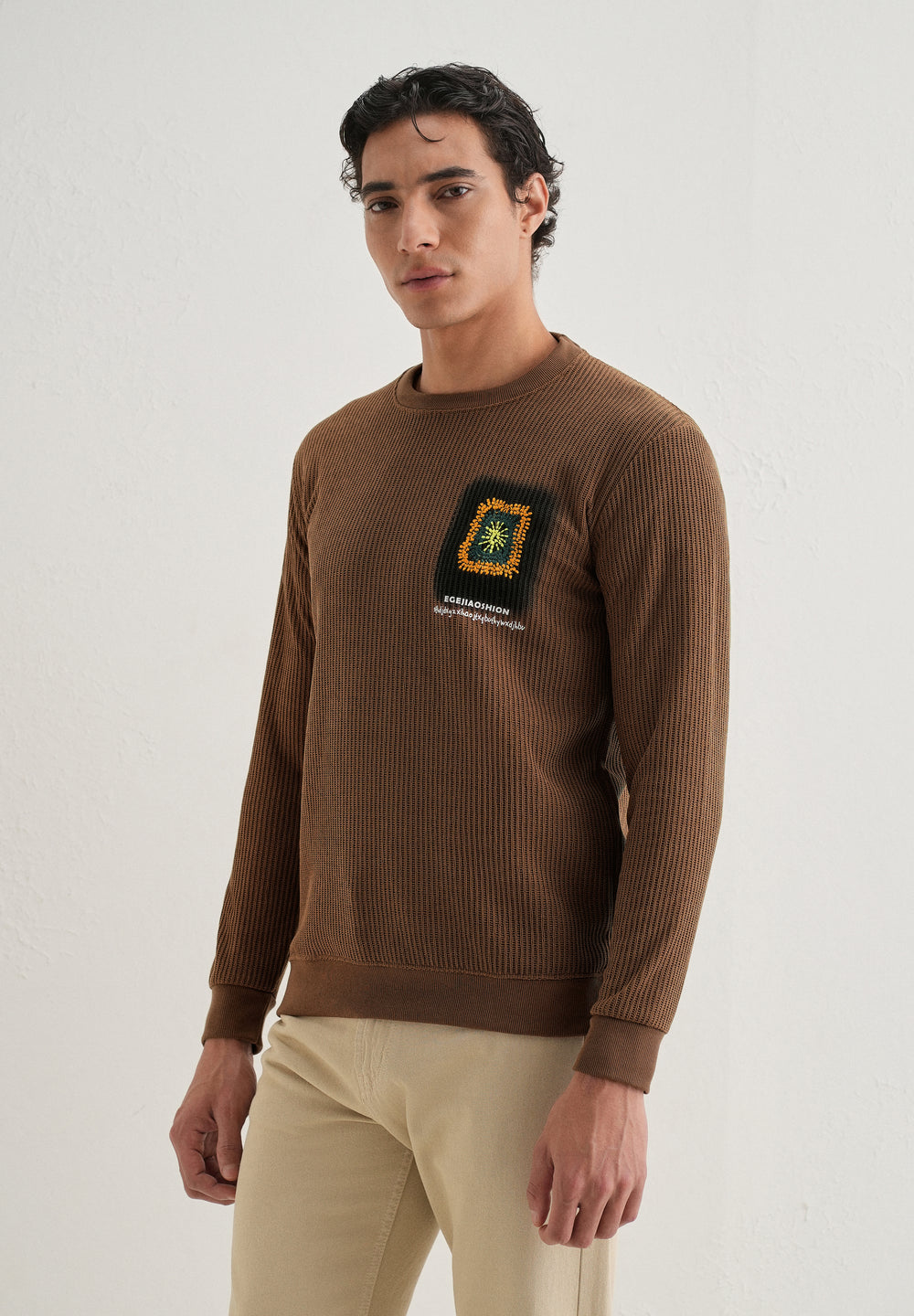 Brown Waffle Knit Embroidered Pullover