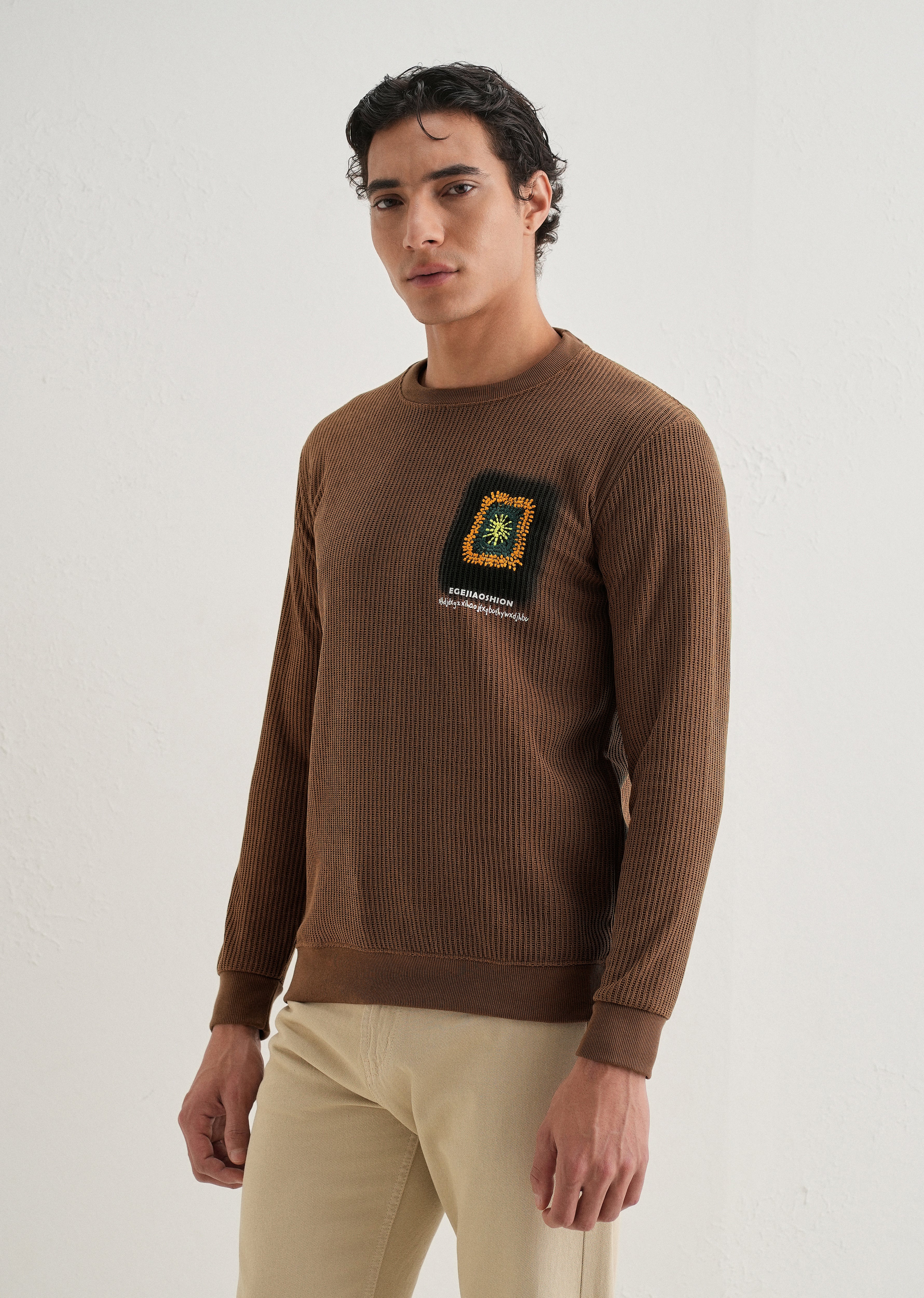 Brown Waffle Knit Embroidered Pullover