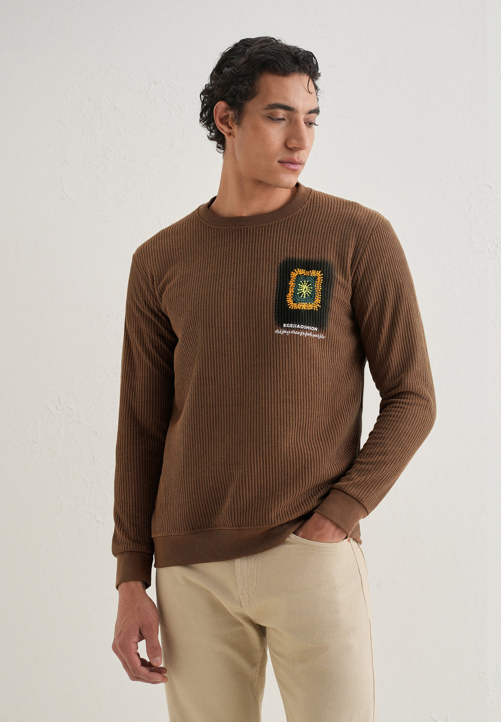 Brown Waffle Knit Embroidered Pullover