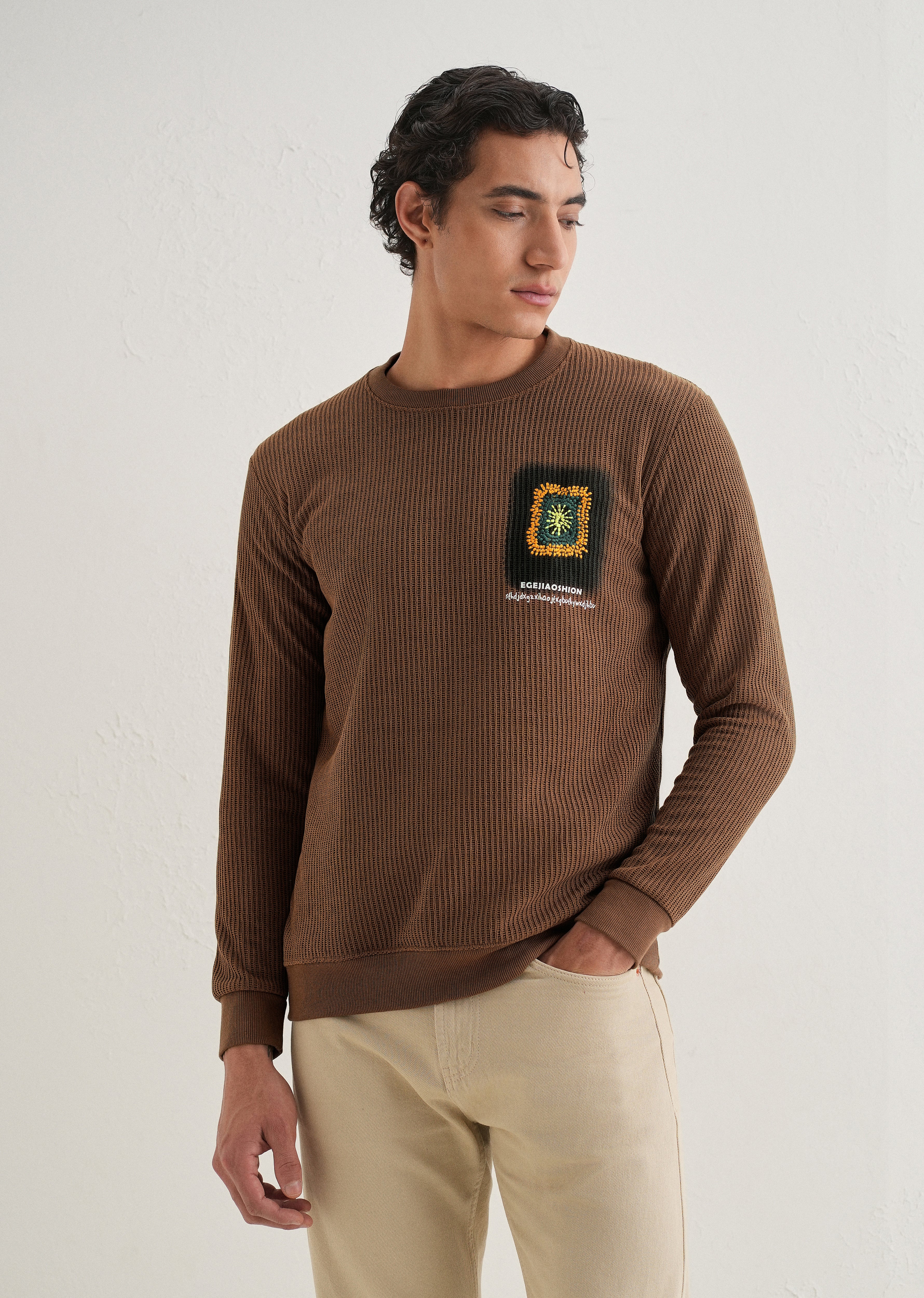 Brown Waffle Knit Embroidered Pullover