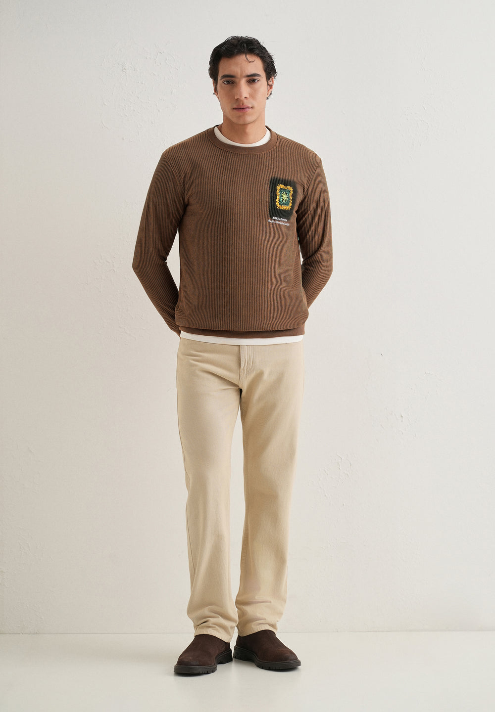 Brown Waffle Knit Embroidered Pullover