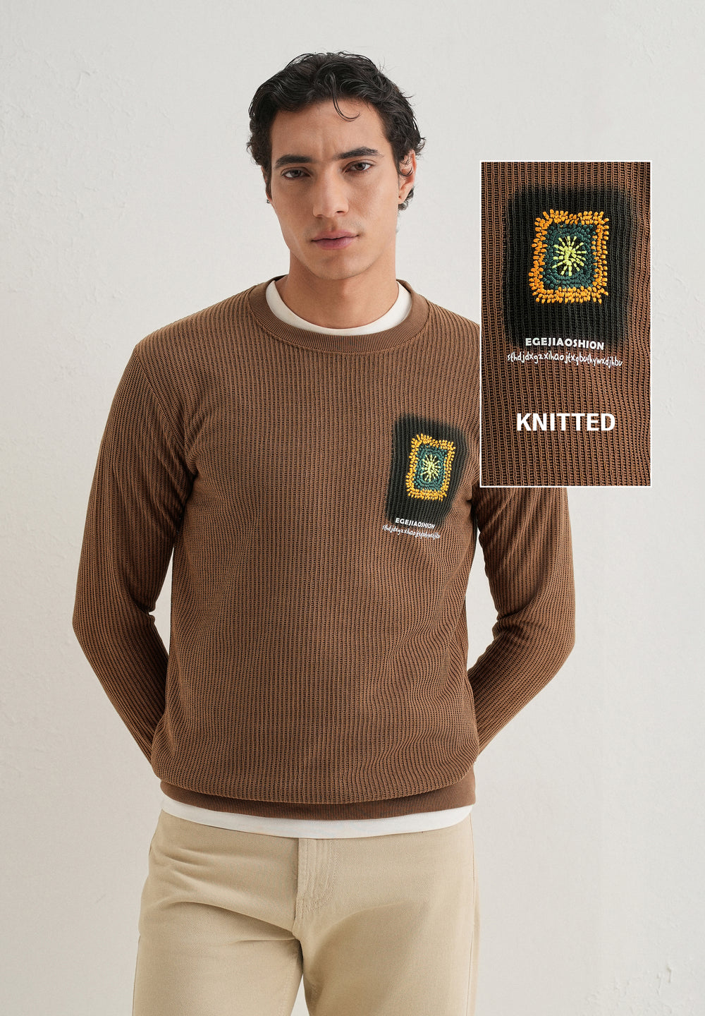 Brown Waffle Knit Embroidered Pullover