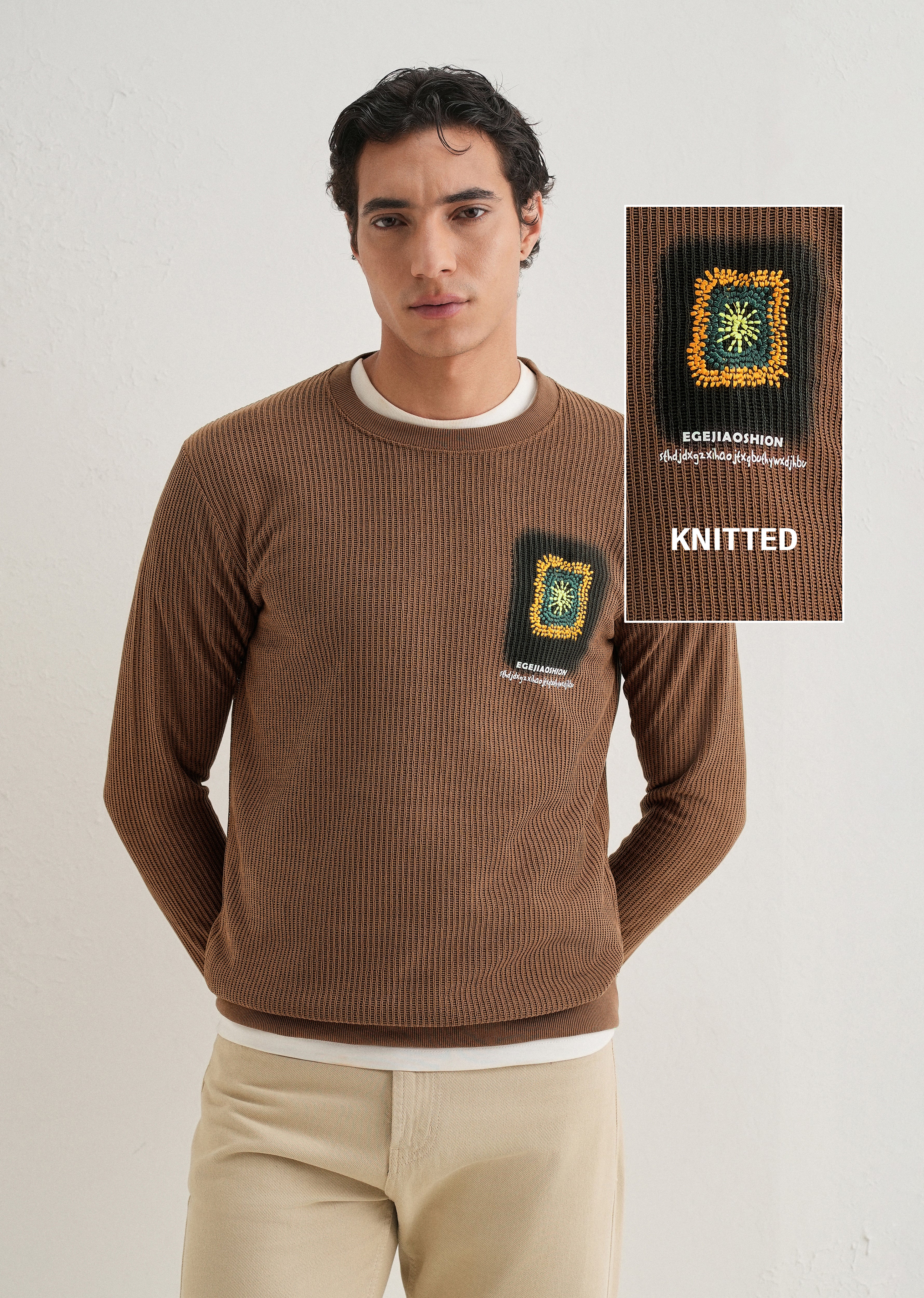 Brown Waffle Knit Embroidered Pullover