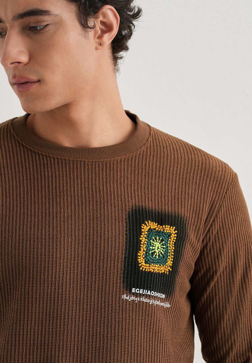 Brown Waffle Knit Embroidered Pullover