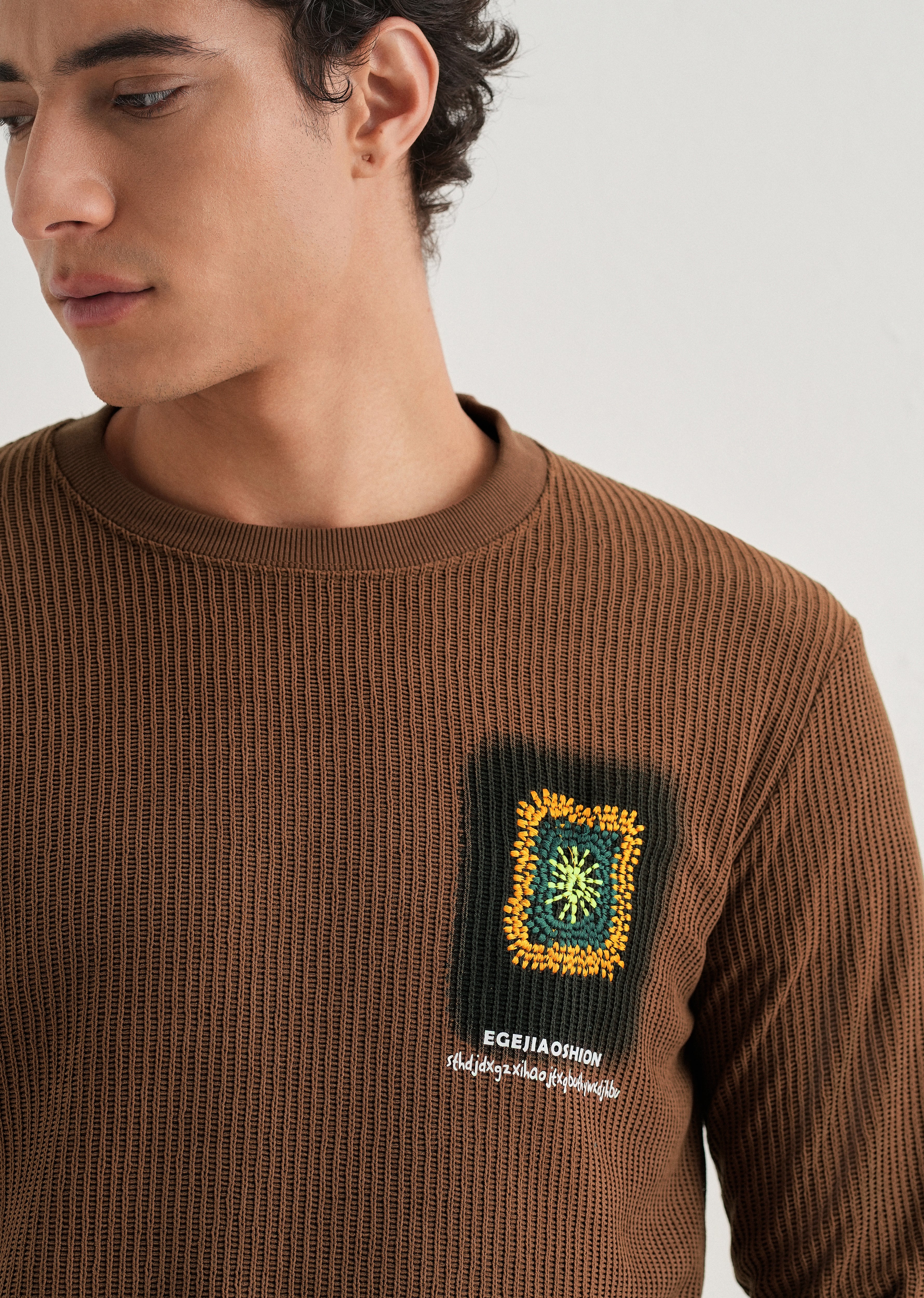 Brown Waffle Knit Embroidered Pullover