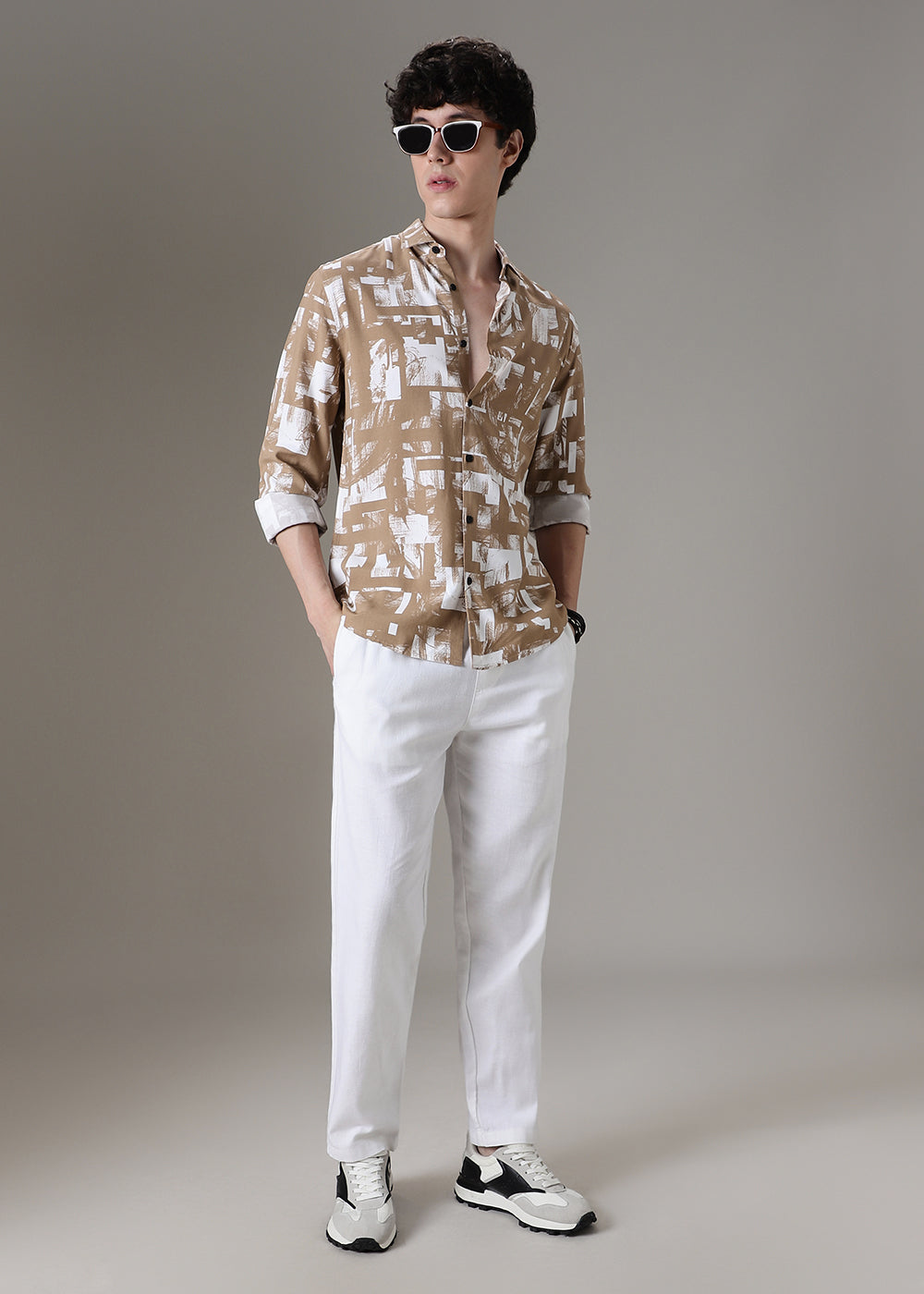 Brown White Abstract Printed Shirt