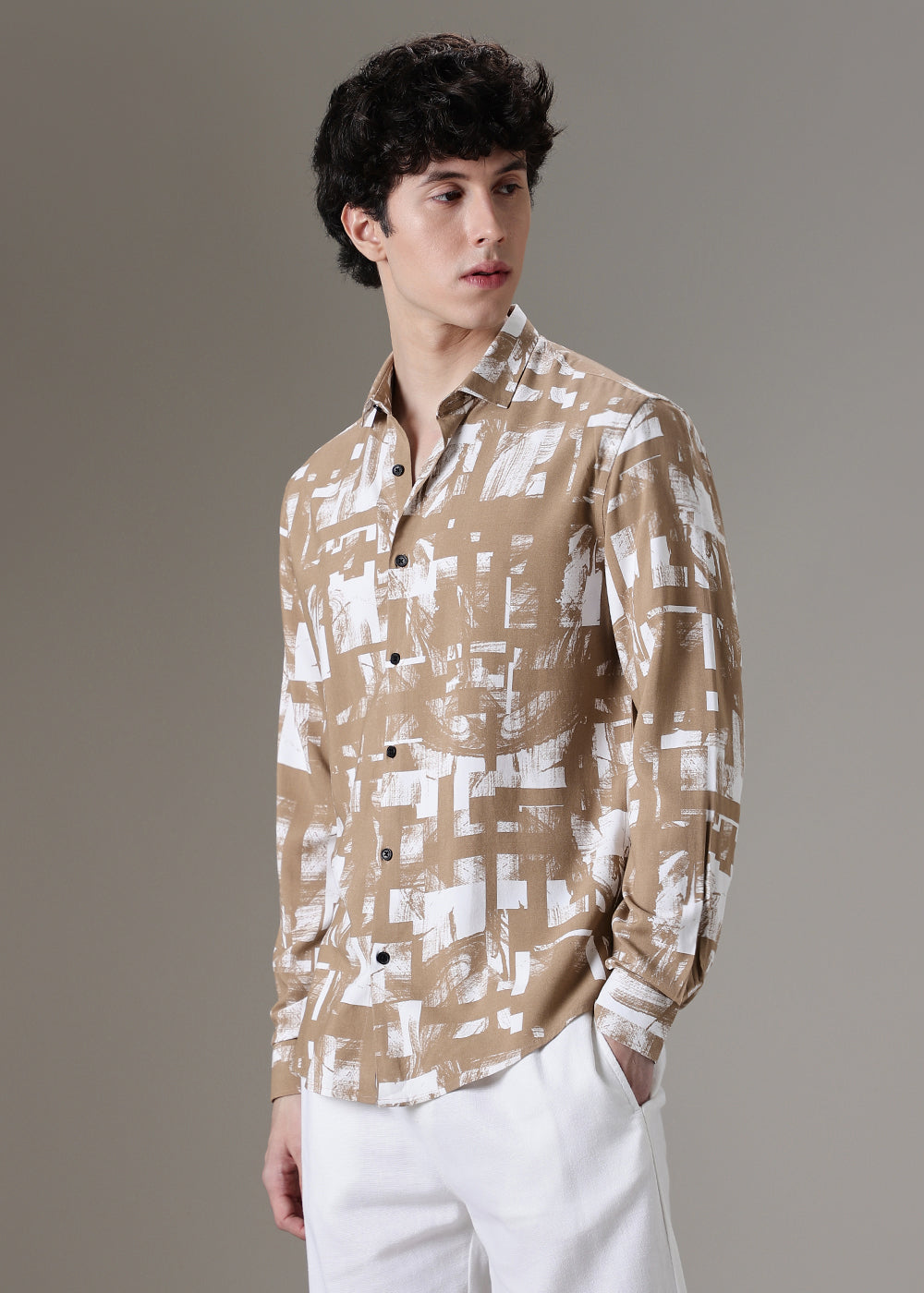 Brown White Abstract Printed Shirt