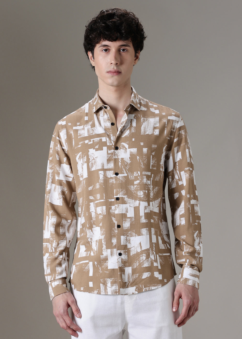 Brown White Abstract Printed Shirt