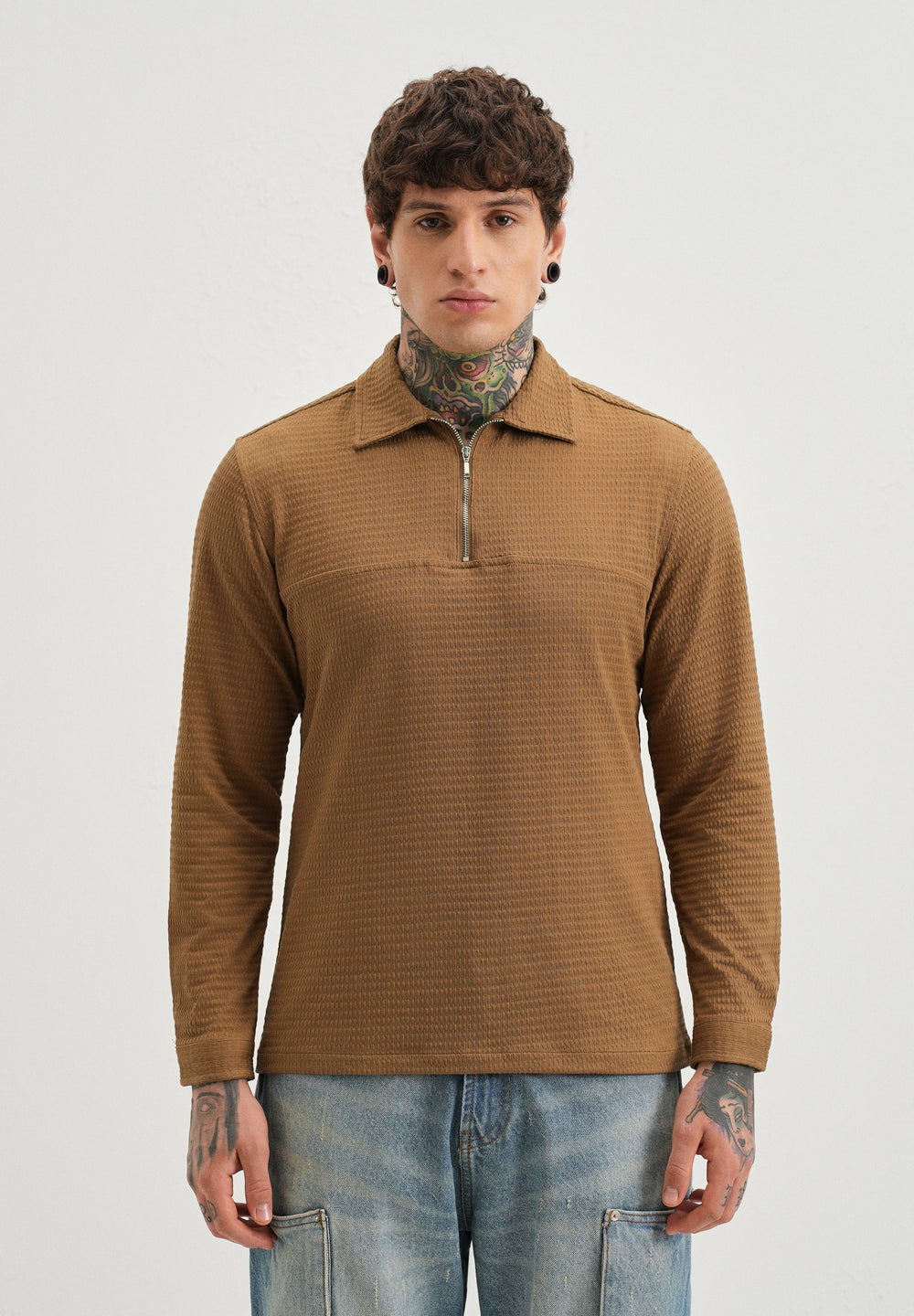 Brown Zipper Polo Knit T-shirt