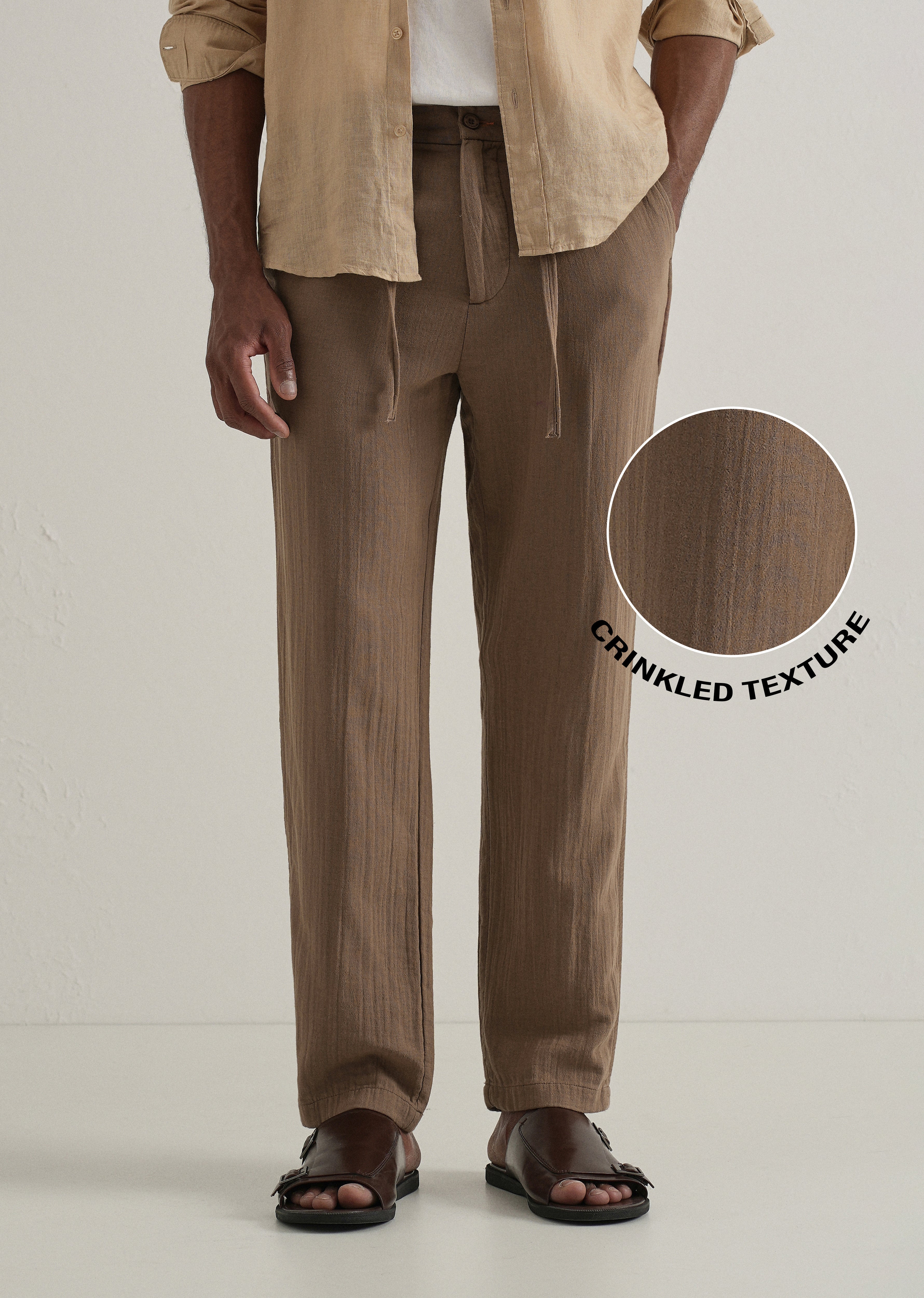 Brown Crinkled Cotton Trouser