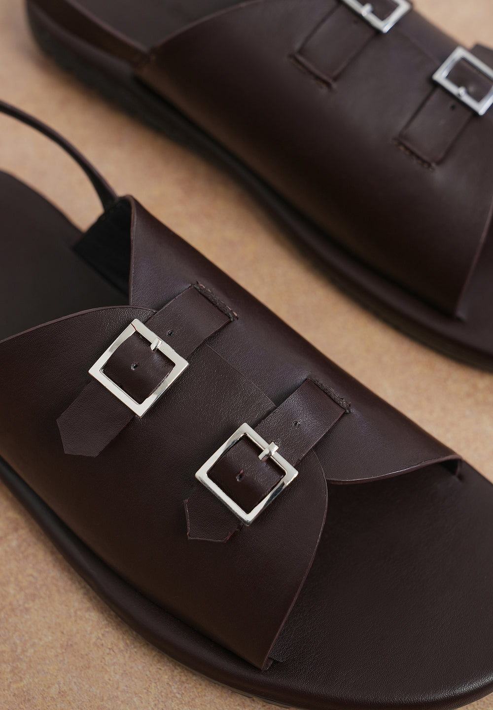 Brown Double Buckle Backstrap Sandals