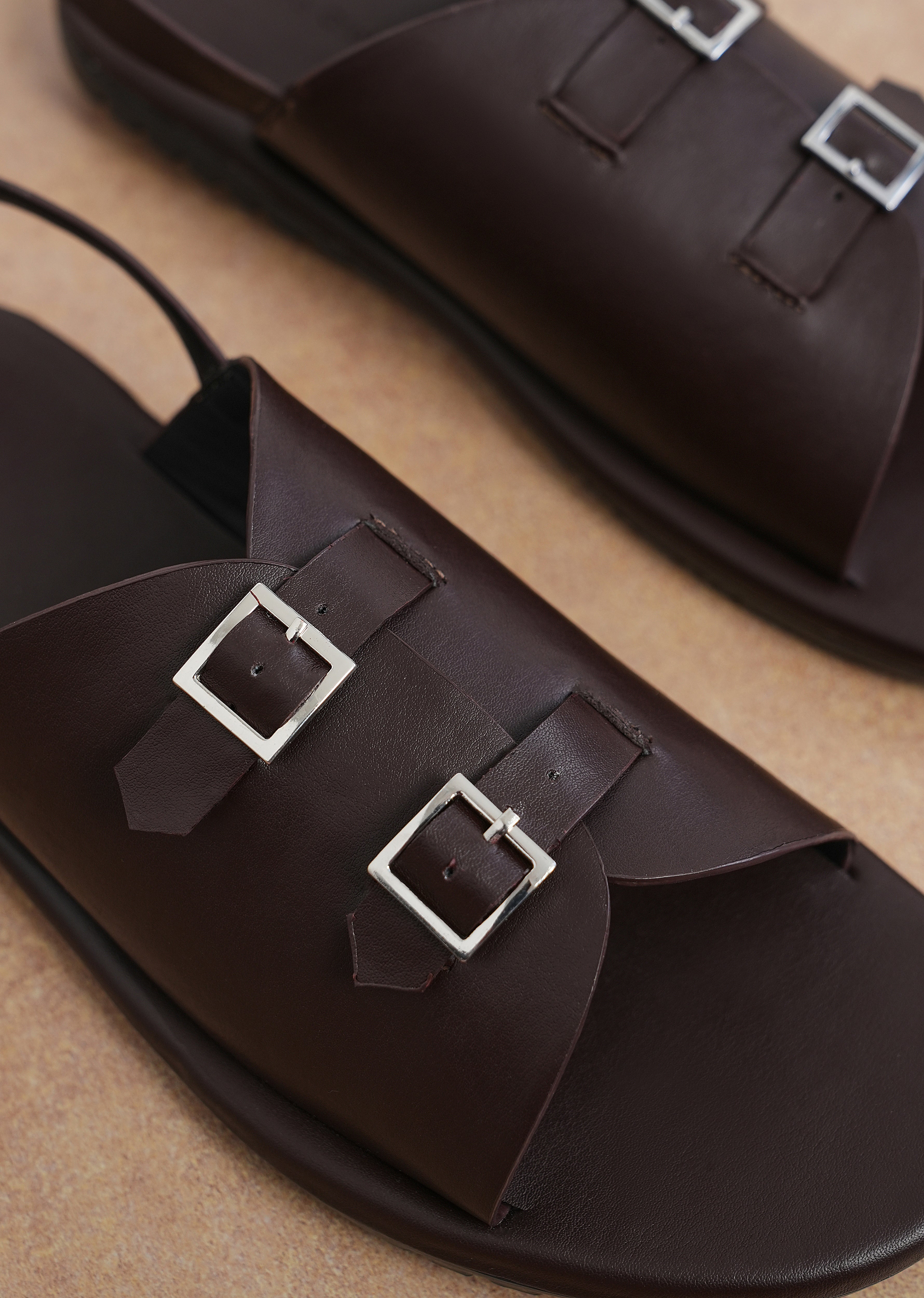 Brown Double Buckle Backstrap Sandals