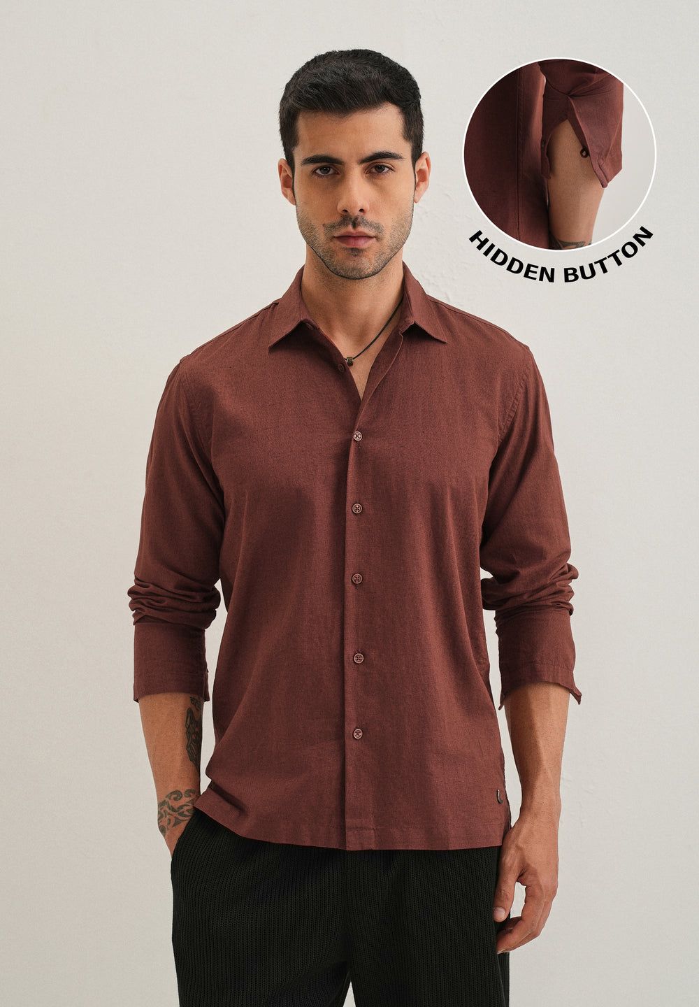 Brown Hidden Sleeve Placket Cotton Linen Shirt