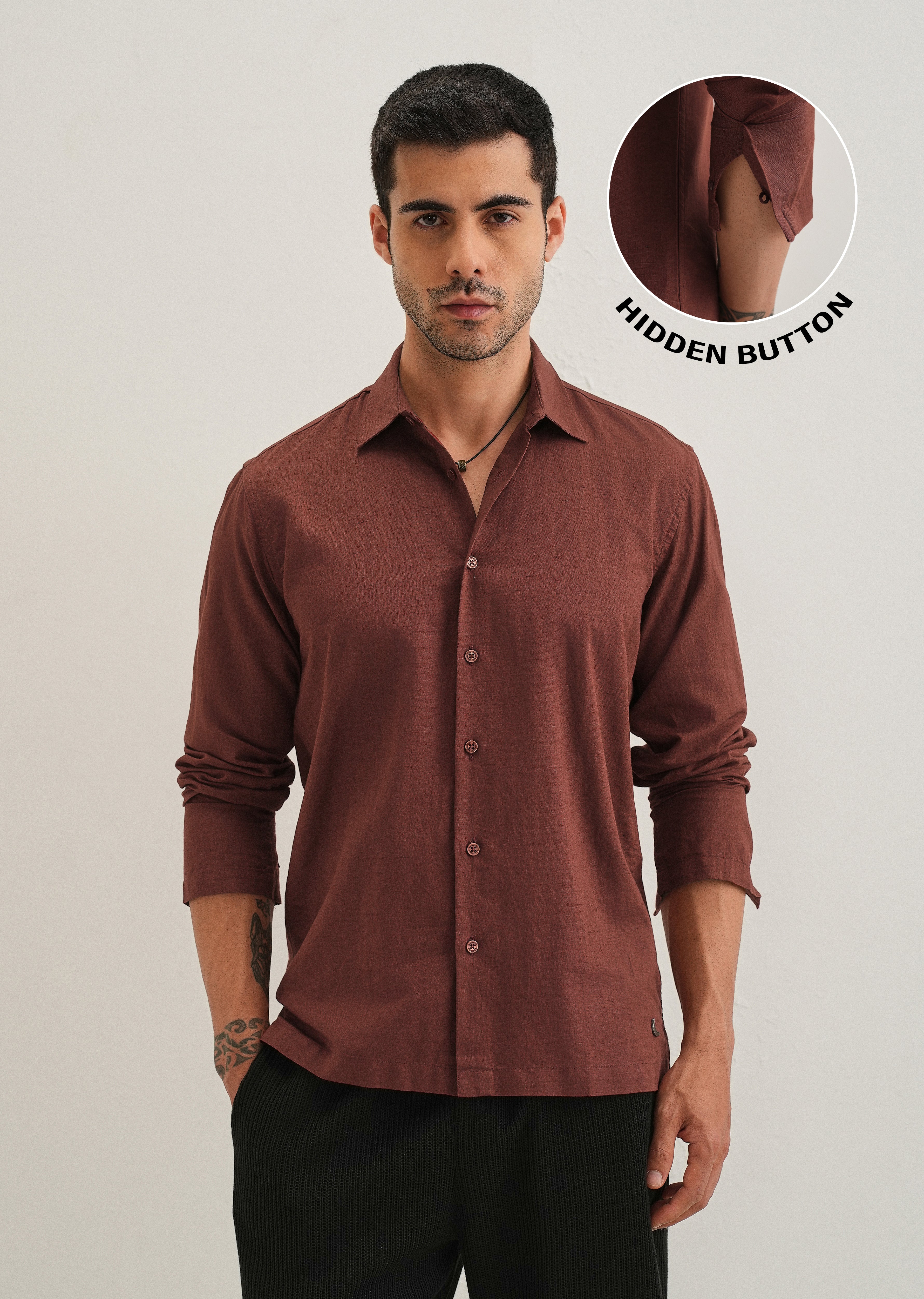 Brown Hidden Sleeve Placket Cotton Linen Shirt