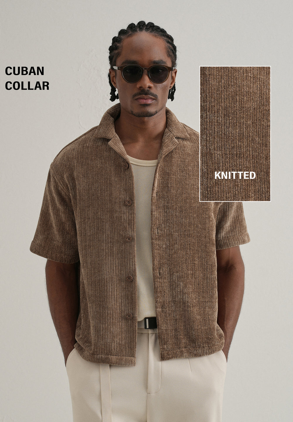 Brown Suede Knit Cuban Collar Shirt